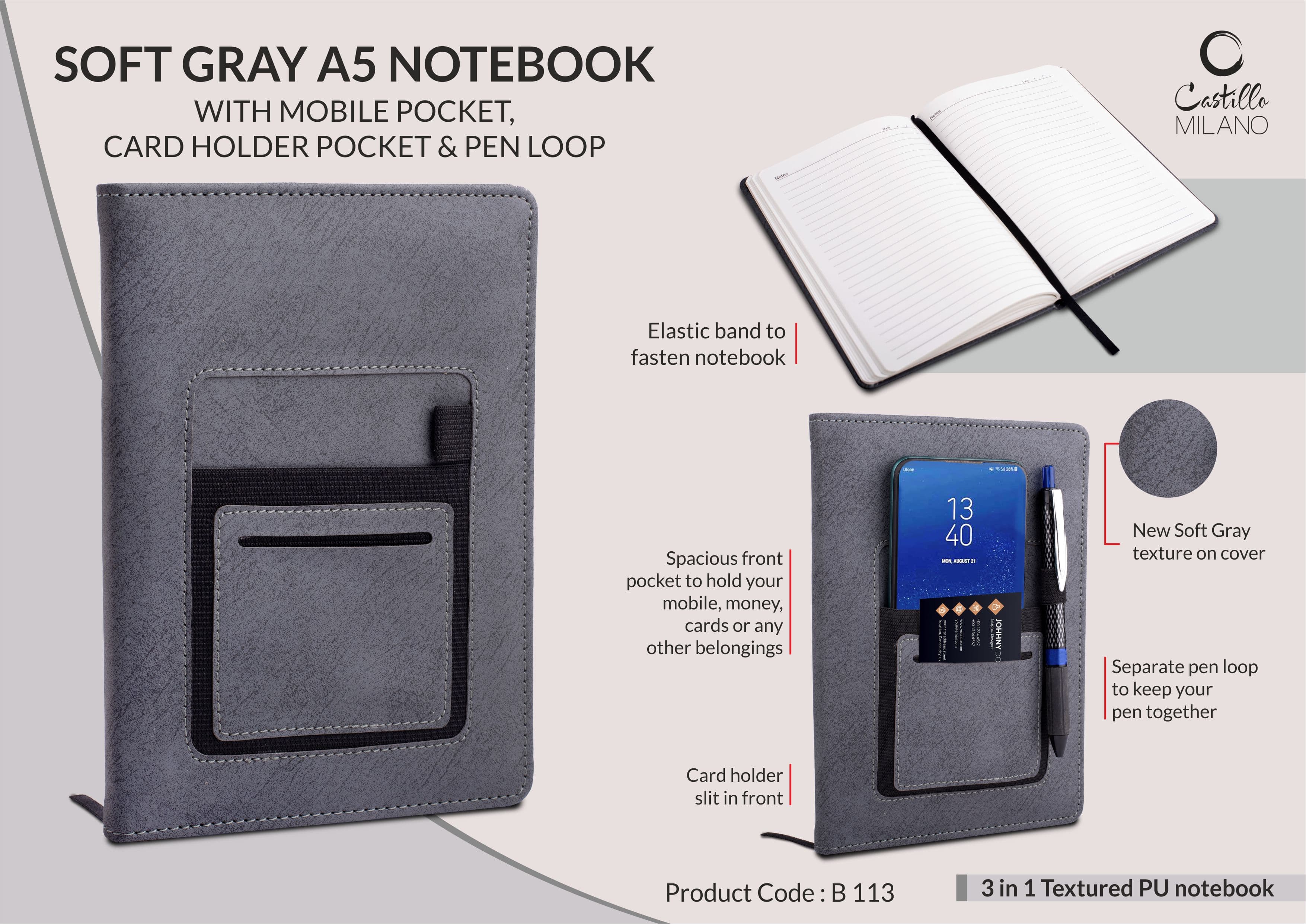 Soft Gray A5 notebook with mobile pocket, card holder pocket & pen loop by Castillo Milano