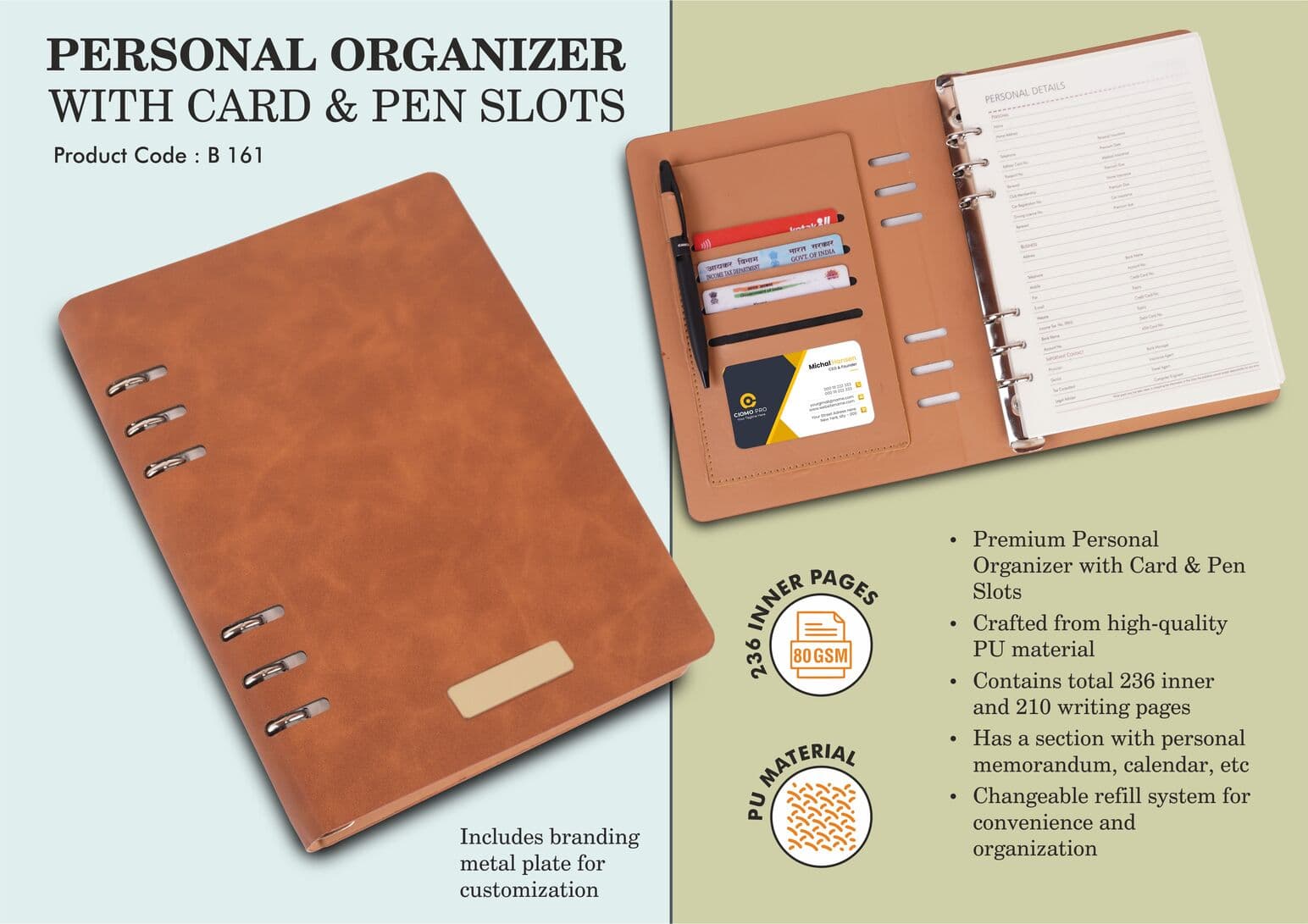 Personal organizer with Card & Pen slots