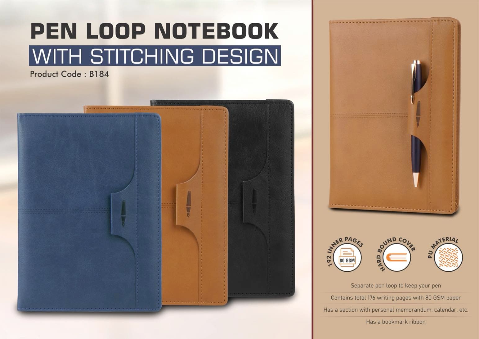 Pen Loop notebook with Stitching design with bookmark ribbon