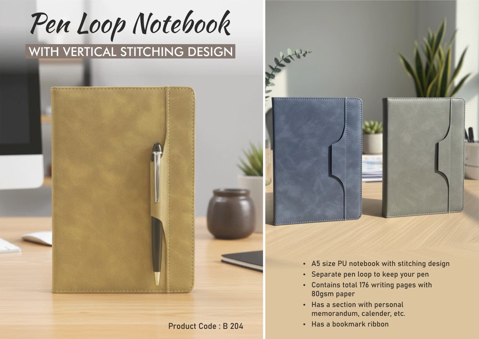 Pen Loop notebook with Vertical Stitching design and bookmark ribbon