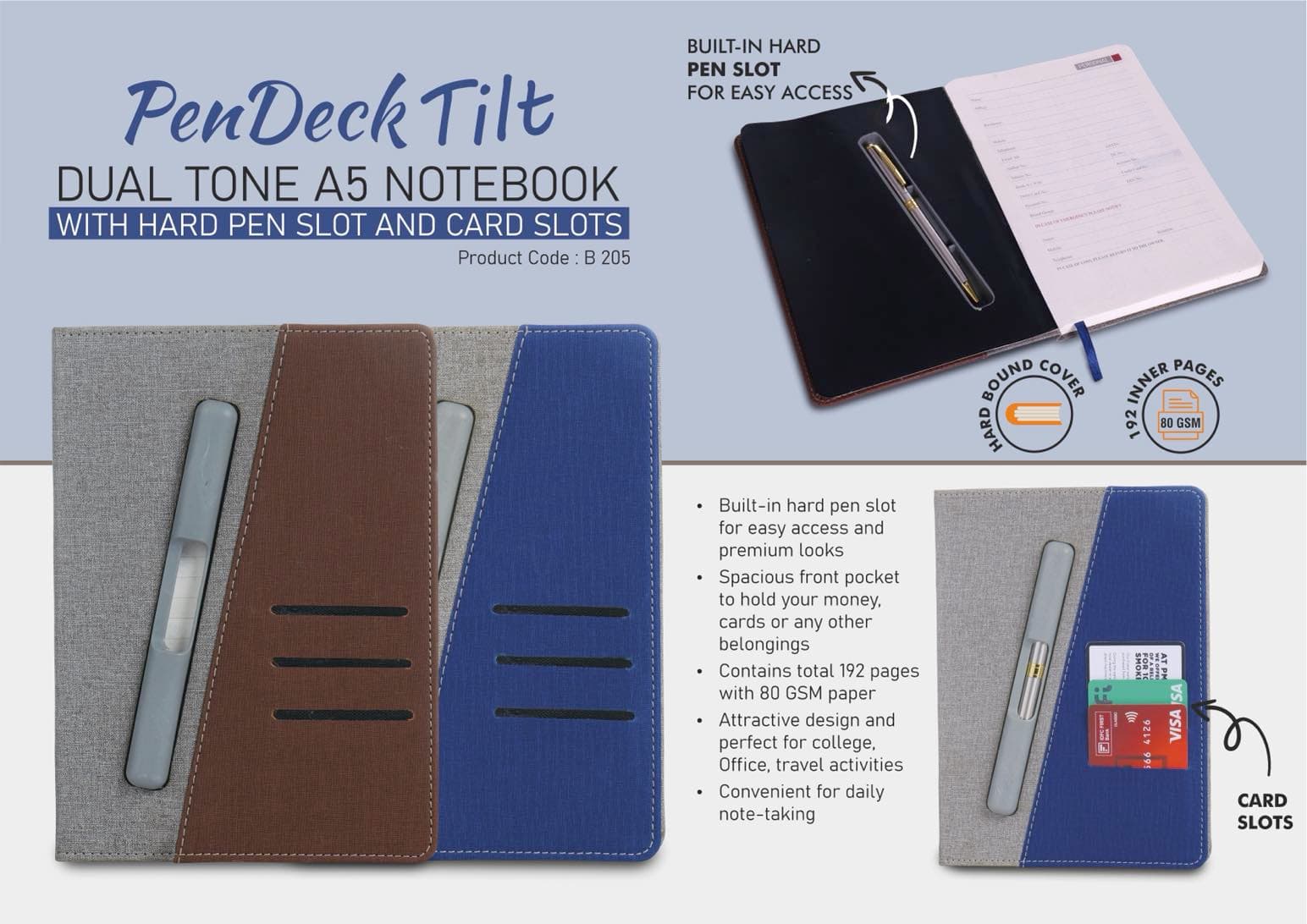 PenDeck Tilt: Dual tone A5 Notebook with Hard pen slot and card slots