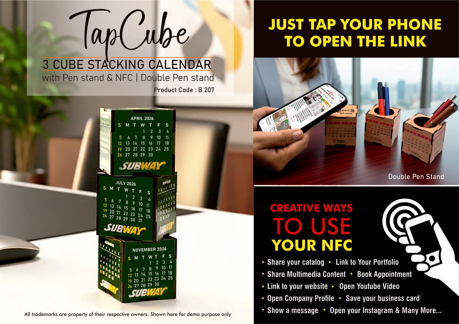 TapCube: 3 Cube Stacking Calendar with Pen stand & NFC