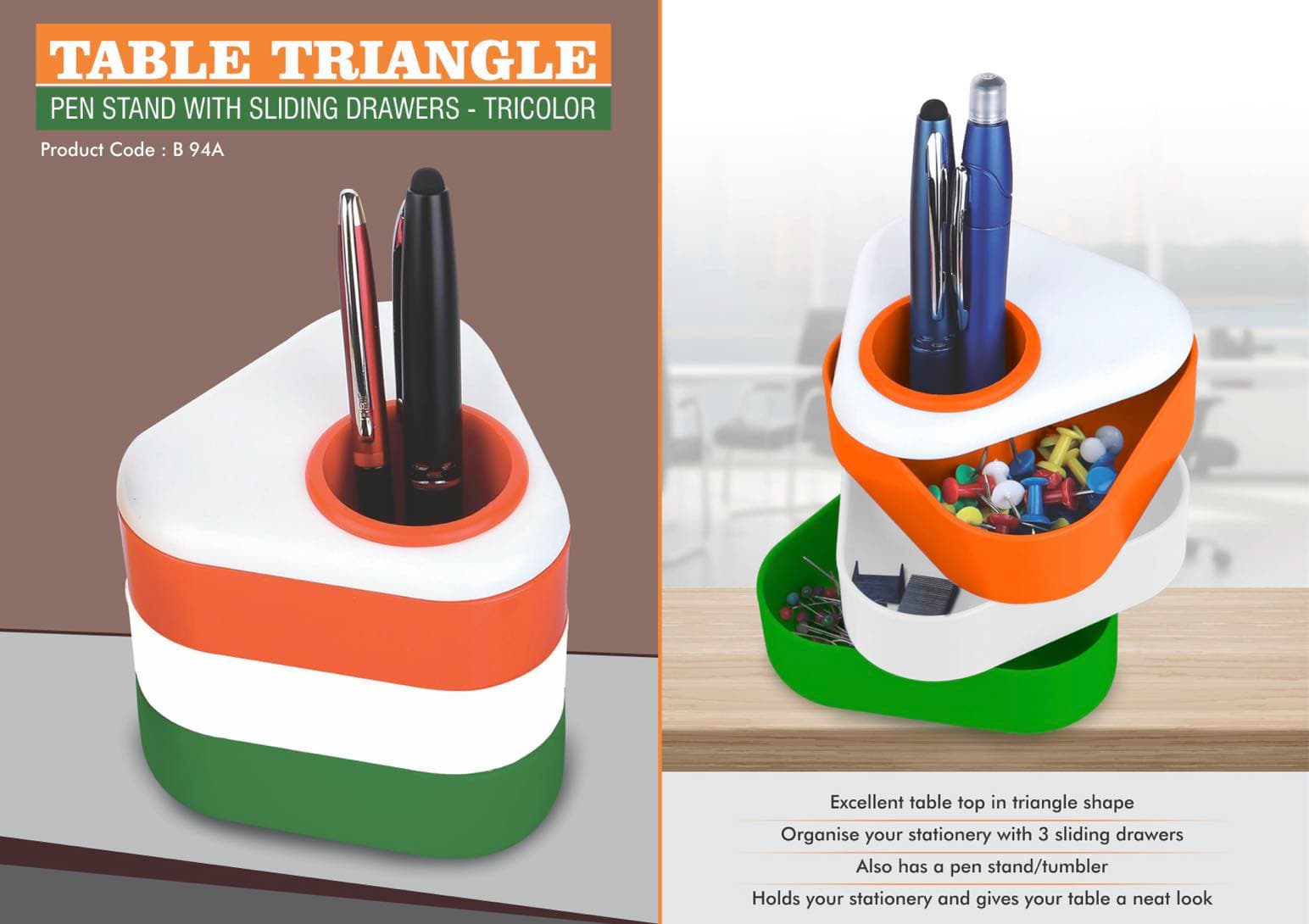 Table triangle: Pen stand with sliding drawers- Tricolor