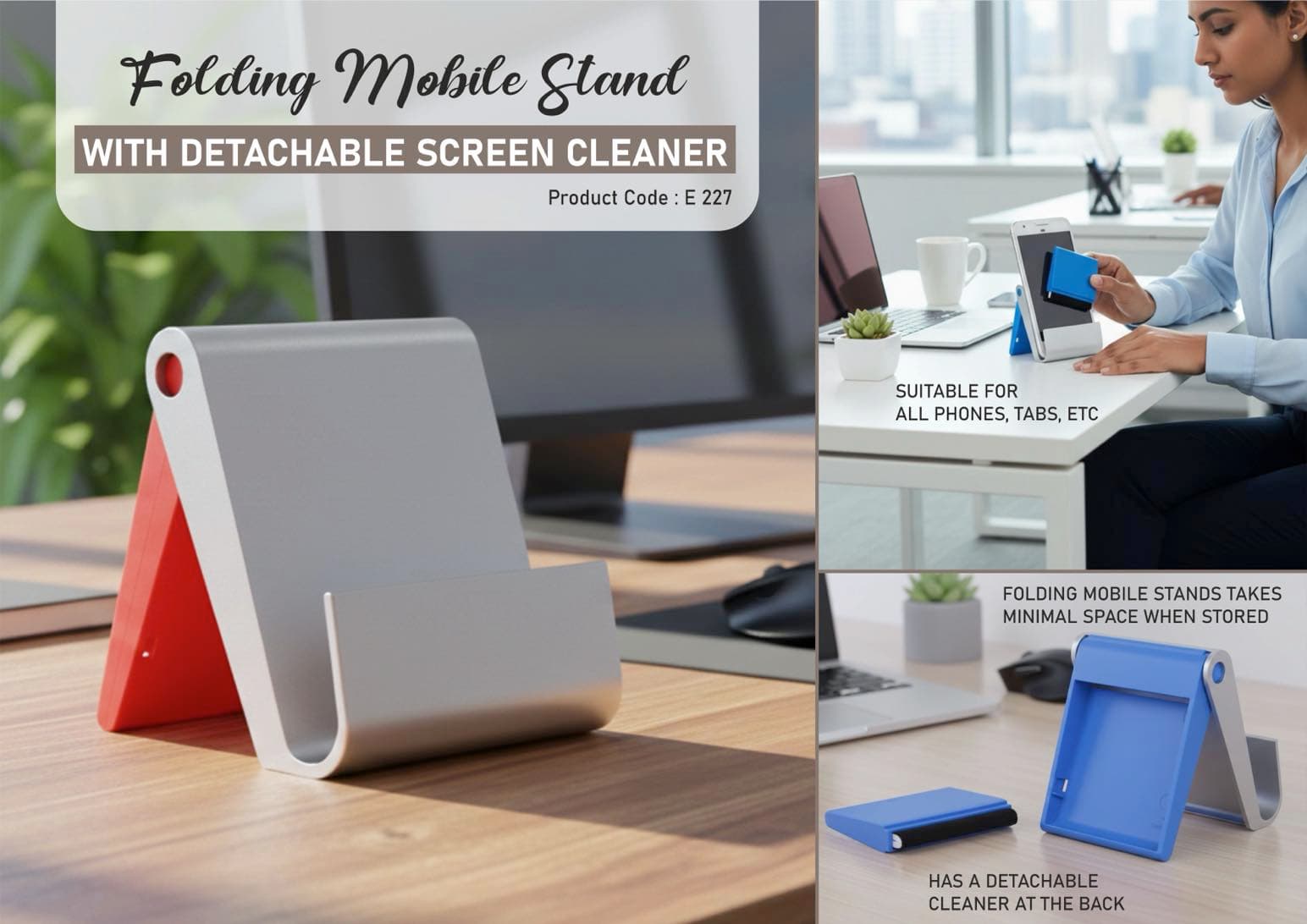 Folding mobile stand with detachable screen cleaner (XL branding area)