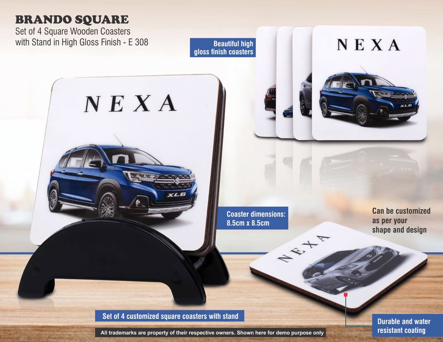 Brando Square: Set of 4 Square Wooden coasters with Stand in High Gloss Finish
