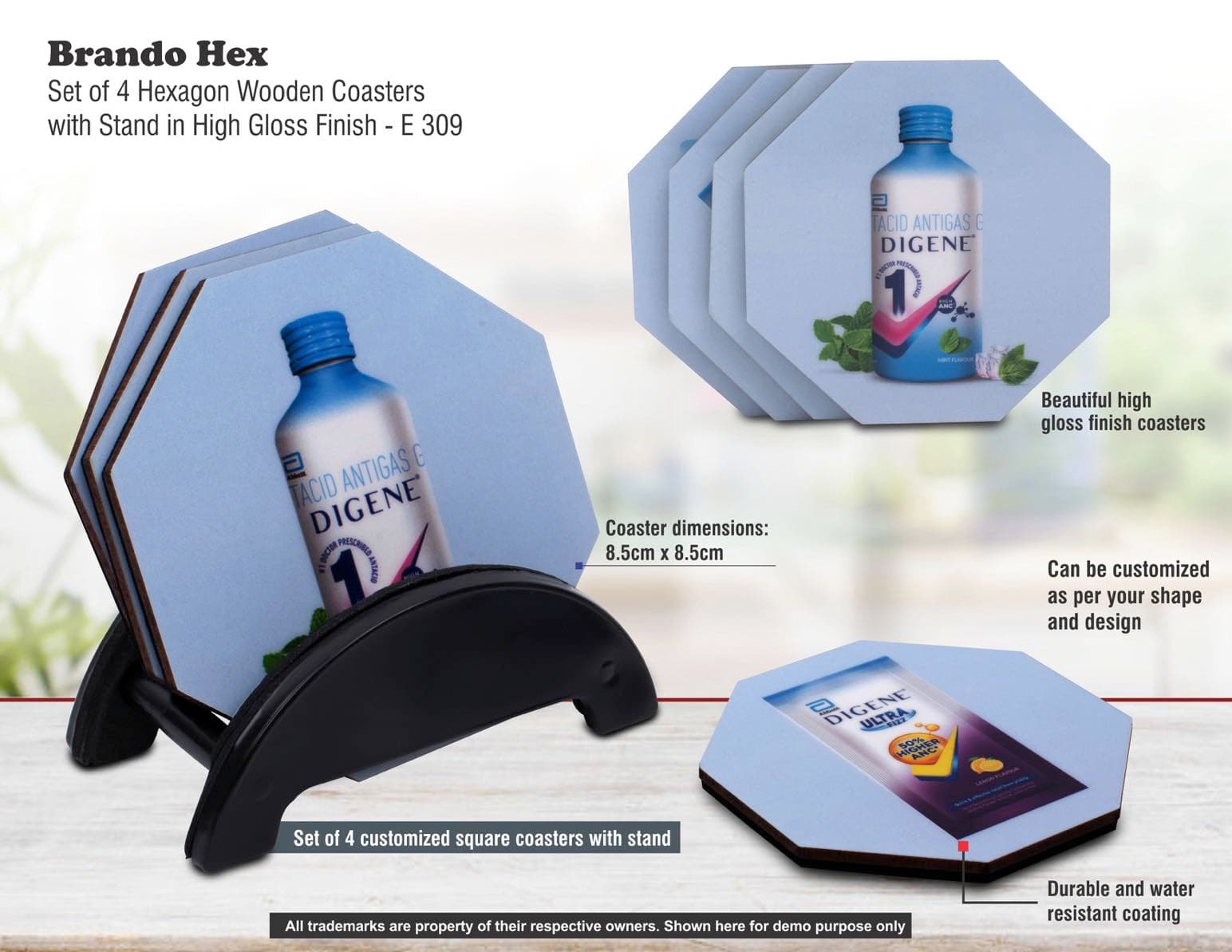 Brando Hex: Set of 4 Hexagon Wooden coasters with Stand in High Gloss Finish