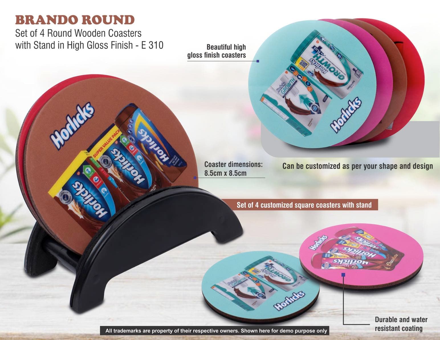 Brando Round: Set of 4 Round Wooden coasters with Stand in High Gloss Finish