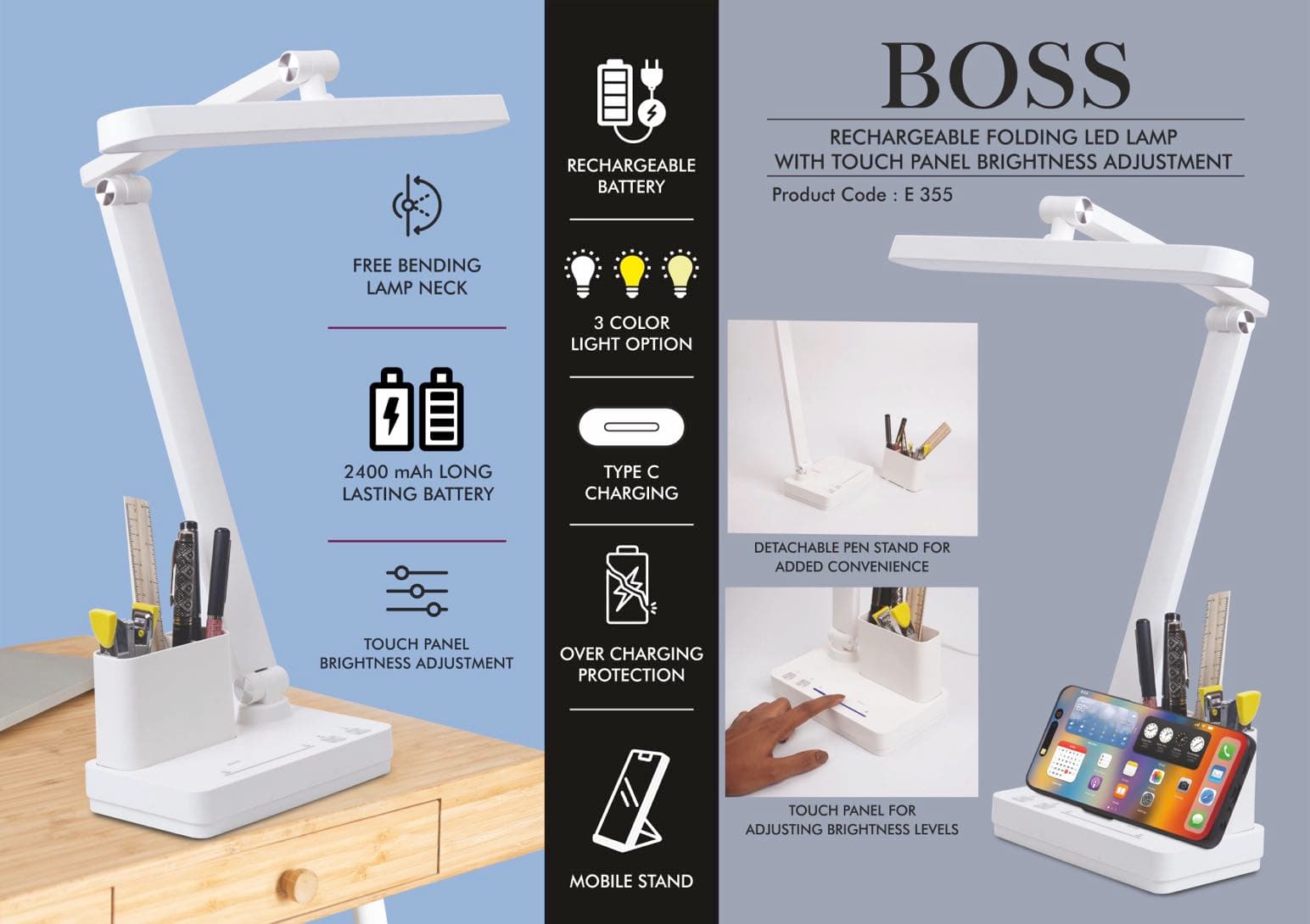 Boss : Rechargeable Folding LED lamp with Touch panel Brightness adjustment