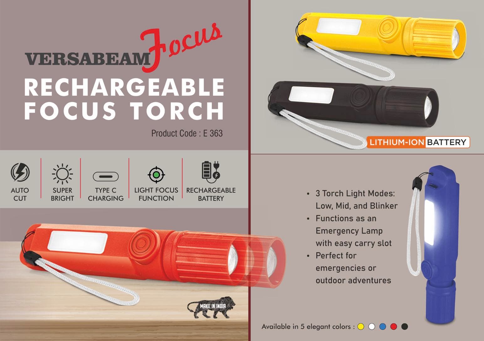 VersaBeam Focus: Rechargeable Focus Torch with 2 Light modes, Blinker and Emergency Lamp