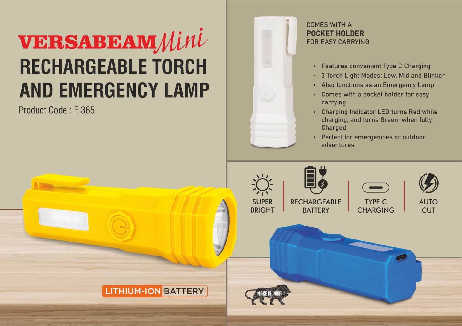 VersaBeam Mini: Rechargeable Torch with 2 Light modes, Blinker and Emergency Lamp