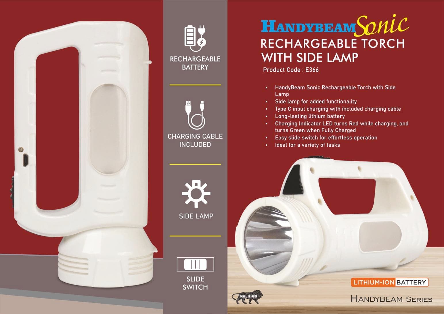 HandyBeam Sonic: Rechargeable Torch with Side Lamp