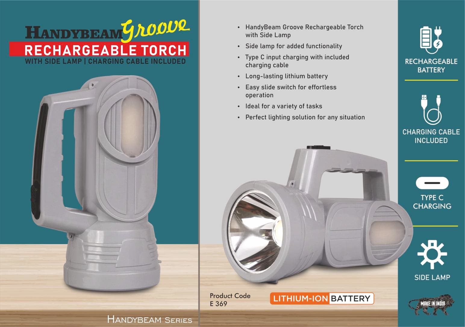 HandyBeam Groove: Rechargeable Torch with Side Lamp