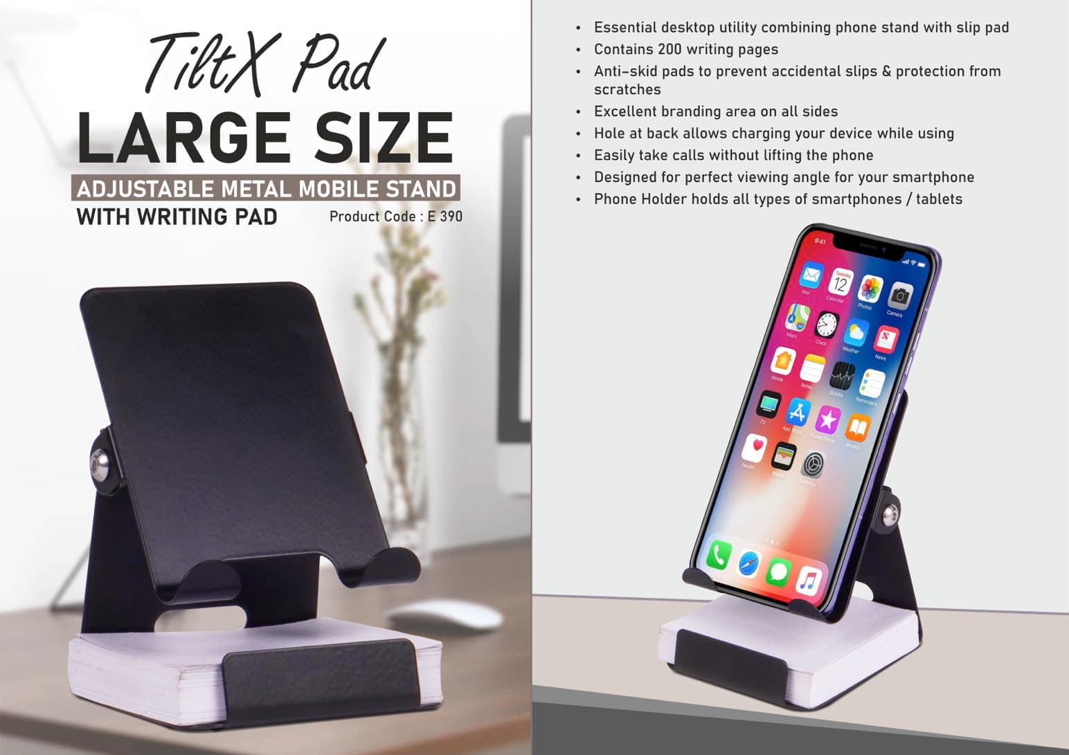 TiltX Pad: Large size Adjustable metal mobile stand with writing pad