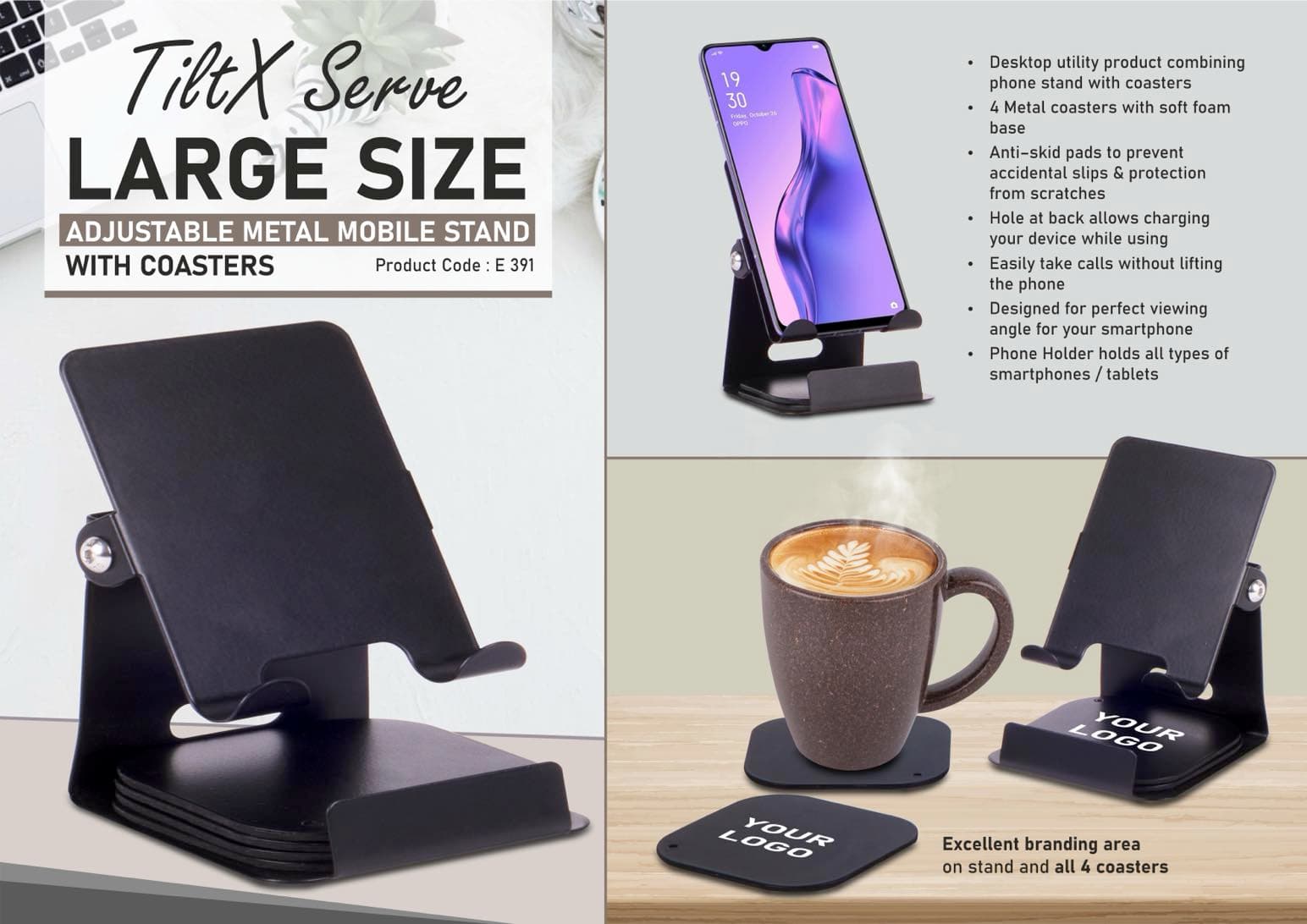 TiltX Serve: Large size Adjustable metal mobile stand with table coasters