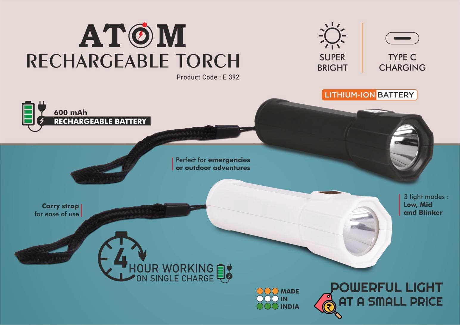 Atom: Rechargeable torch with Type C charging