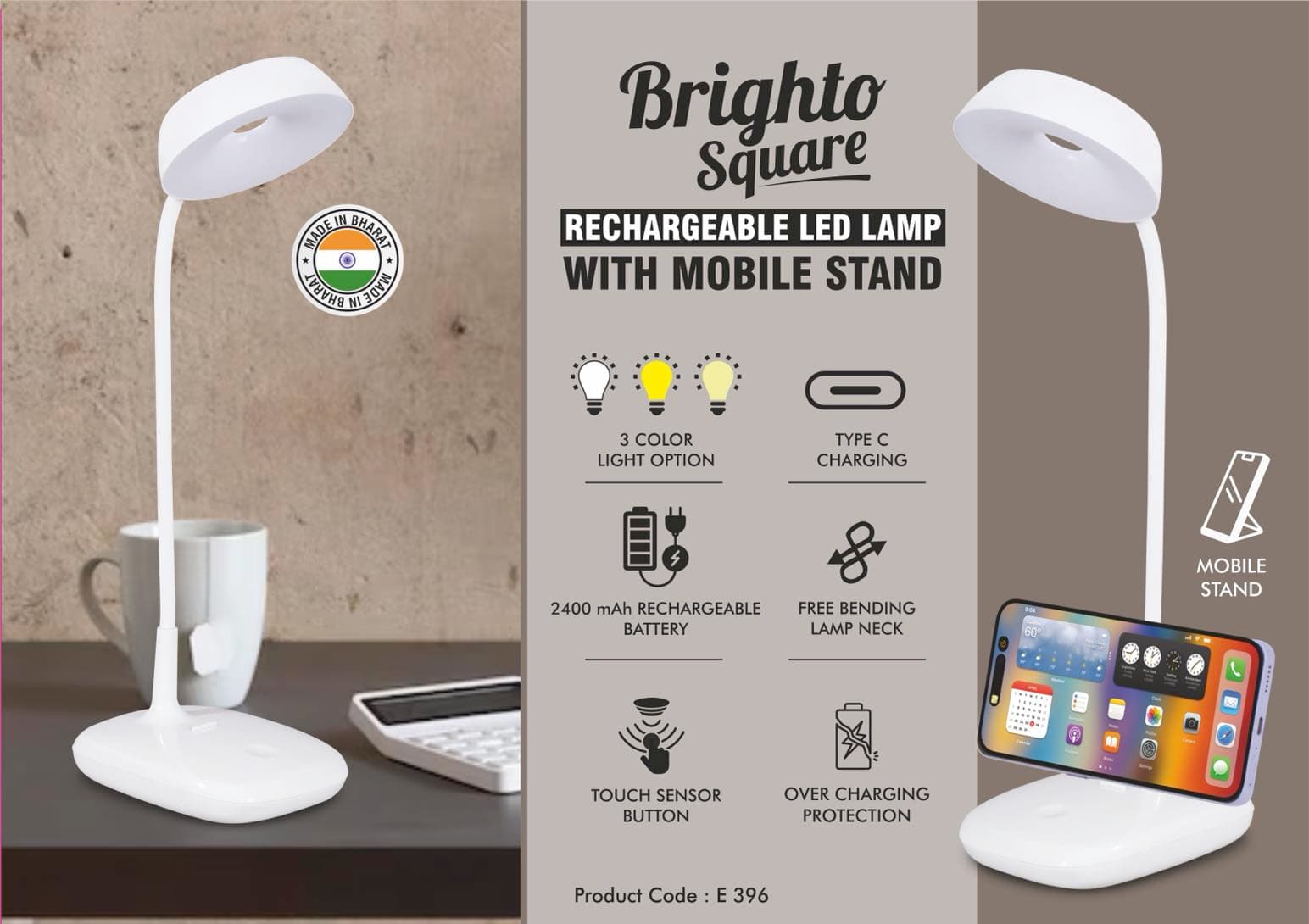Brighto Square: Rechargeable LED Lamp with Mobile stand