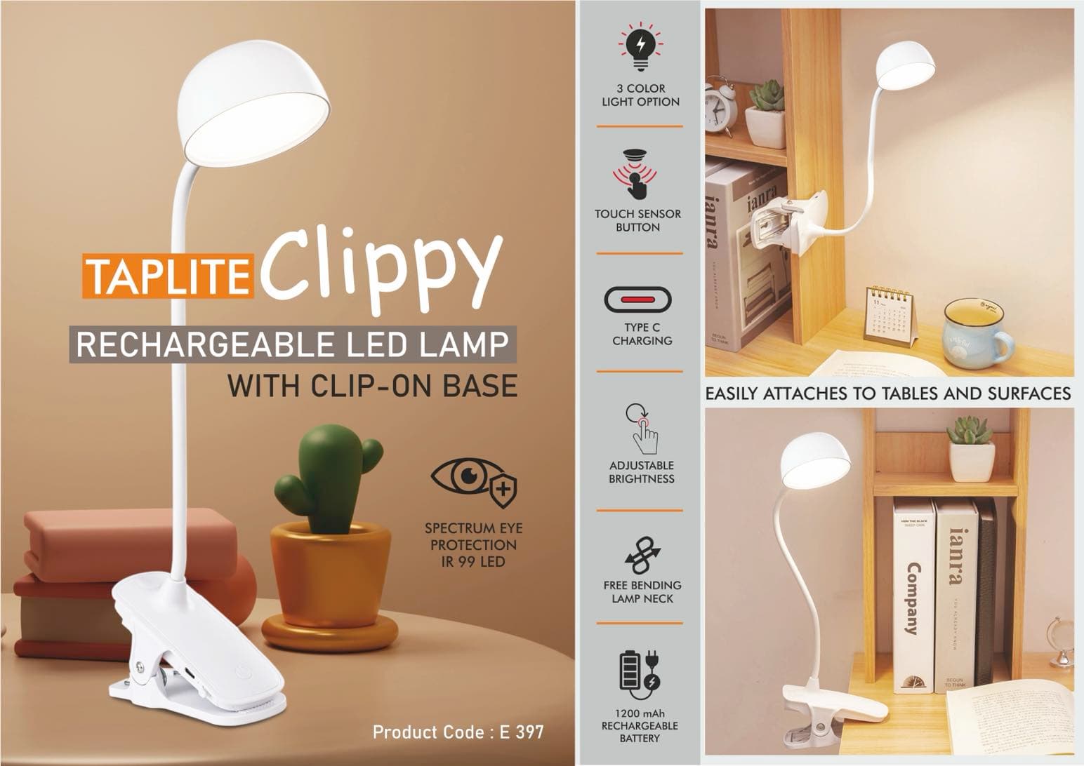 Taplite Clippy: Rechargeable LED lamp with clip on base