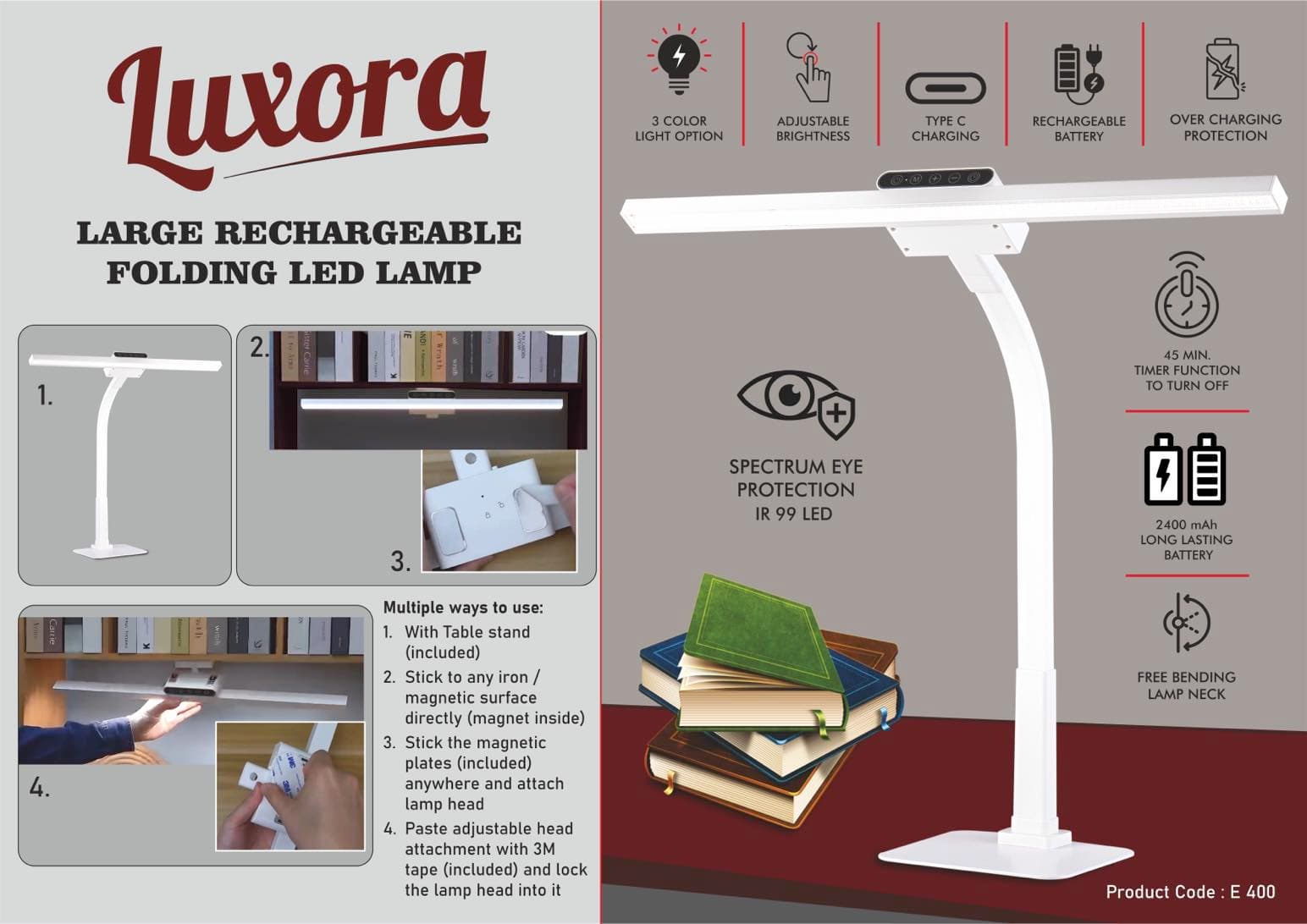 Luxora: Large rechargeable Folding LED lamp with timer & Brightness adjustment