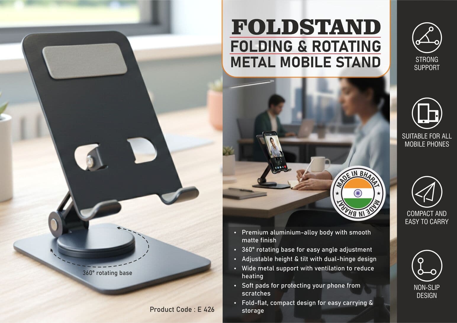 Foldstand: Folding & Rotating Metal Mobile Stand