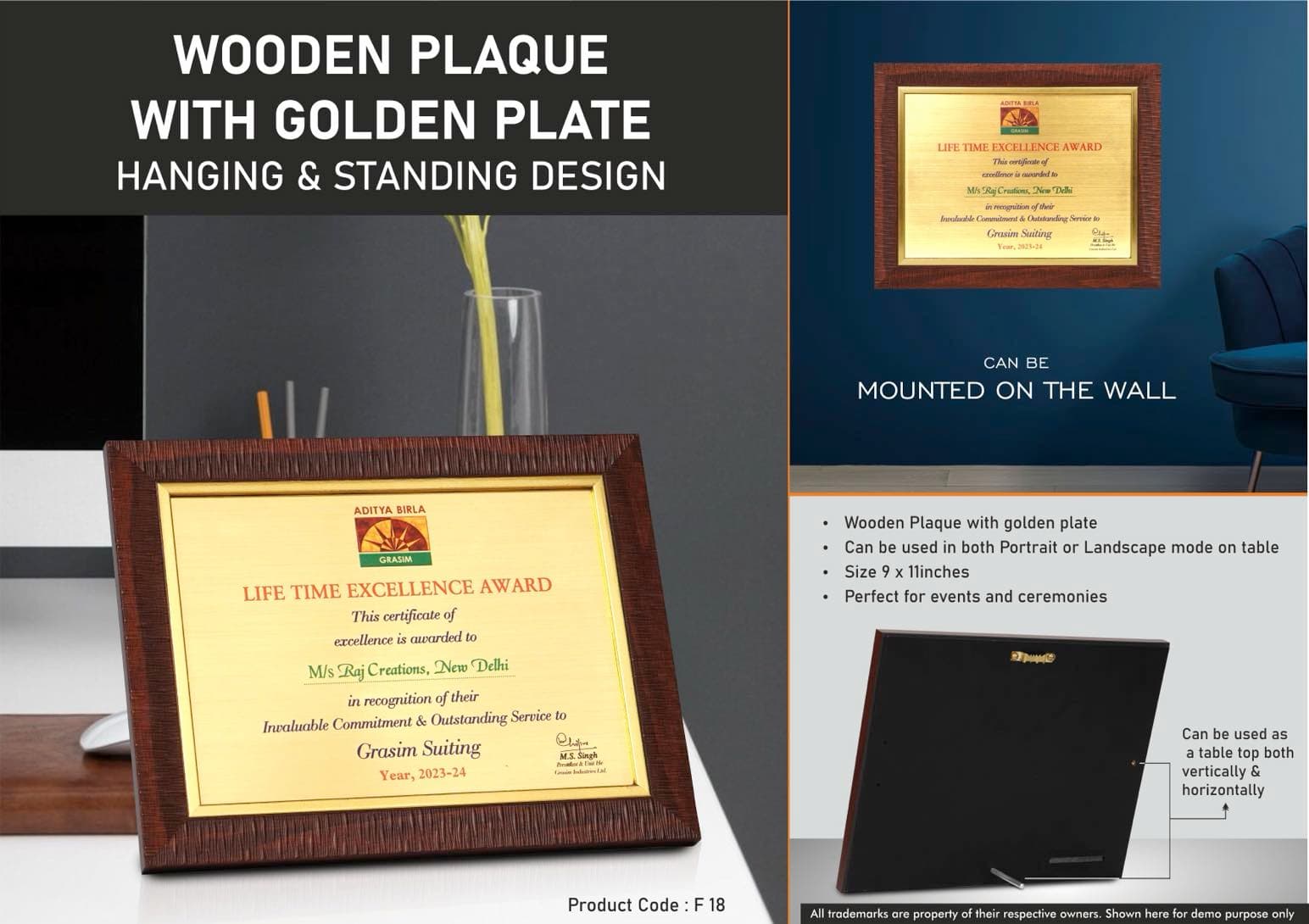 Wooden Plaque with Golden plate