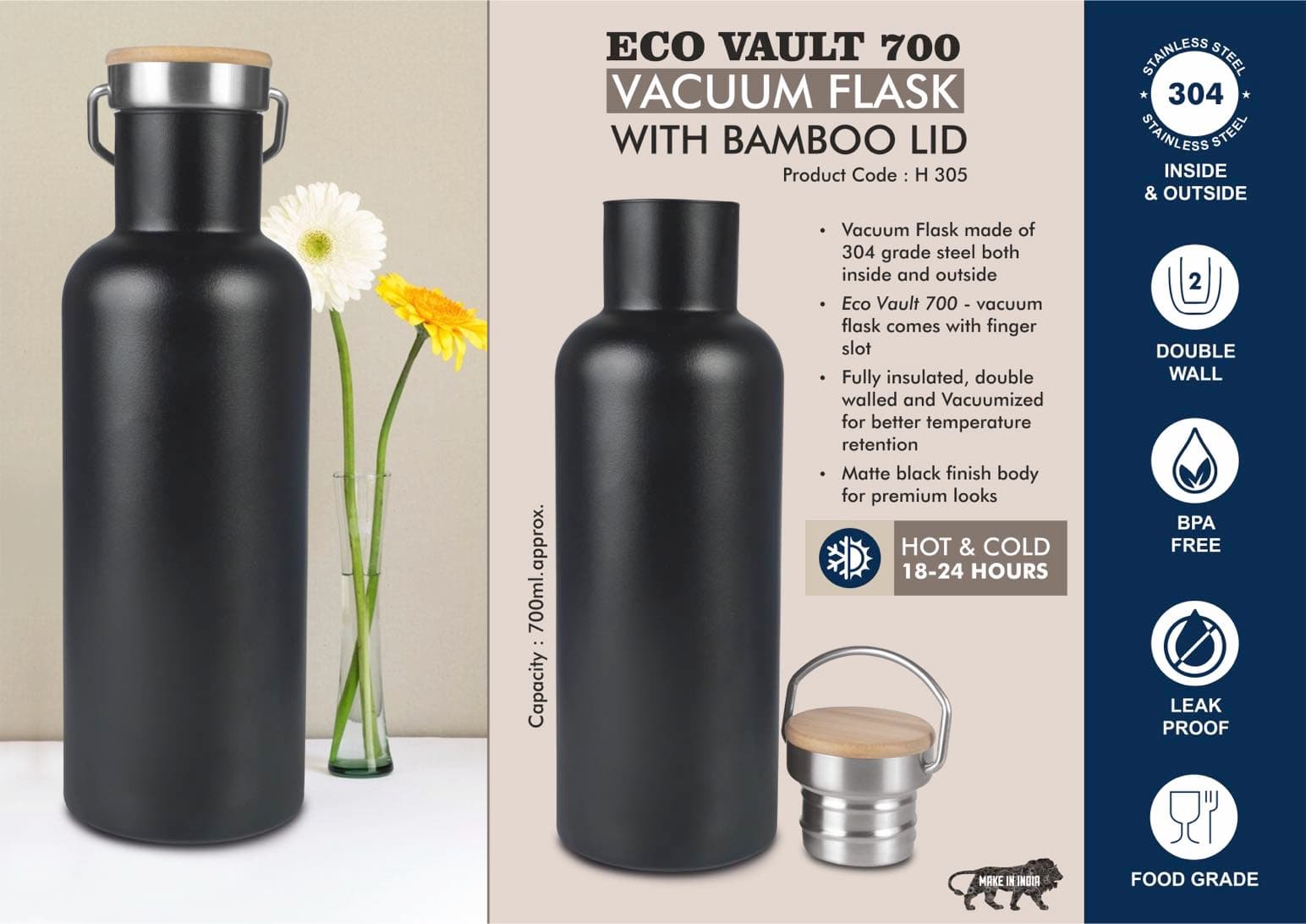 EcoVault 700: 700 ml vacuum flask with Bamboo lid