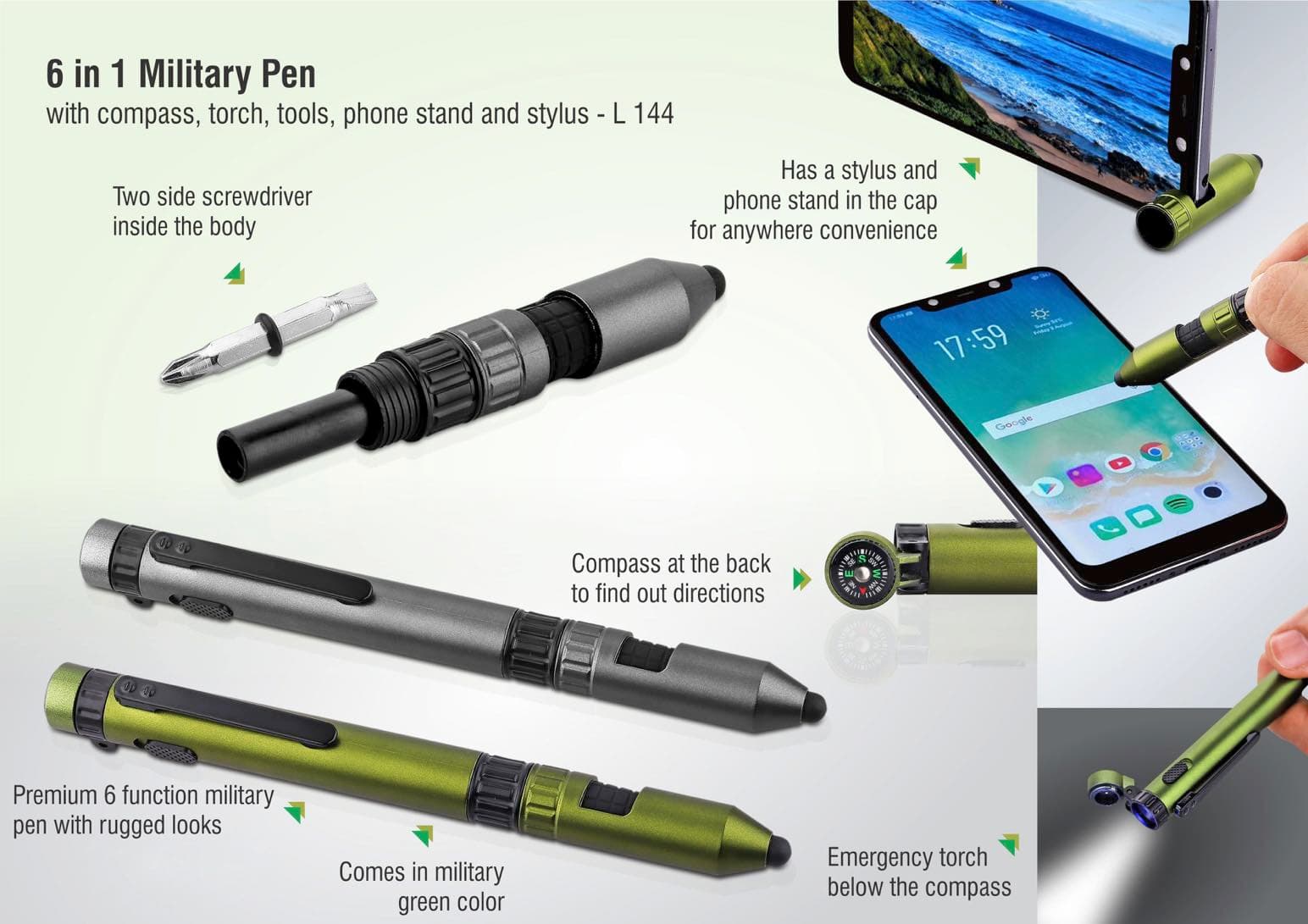 6 in 1 Military pen with compass, torch, tools, phone stand and stylus