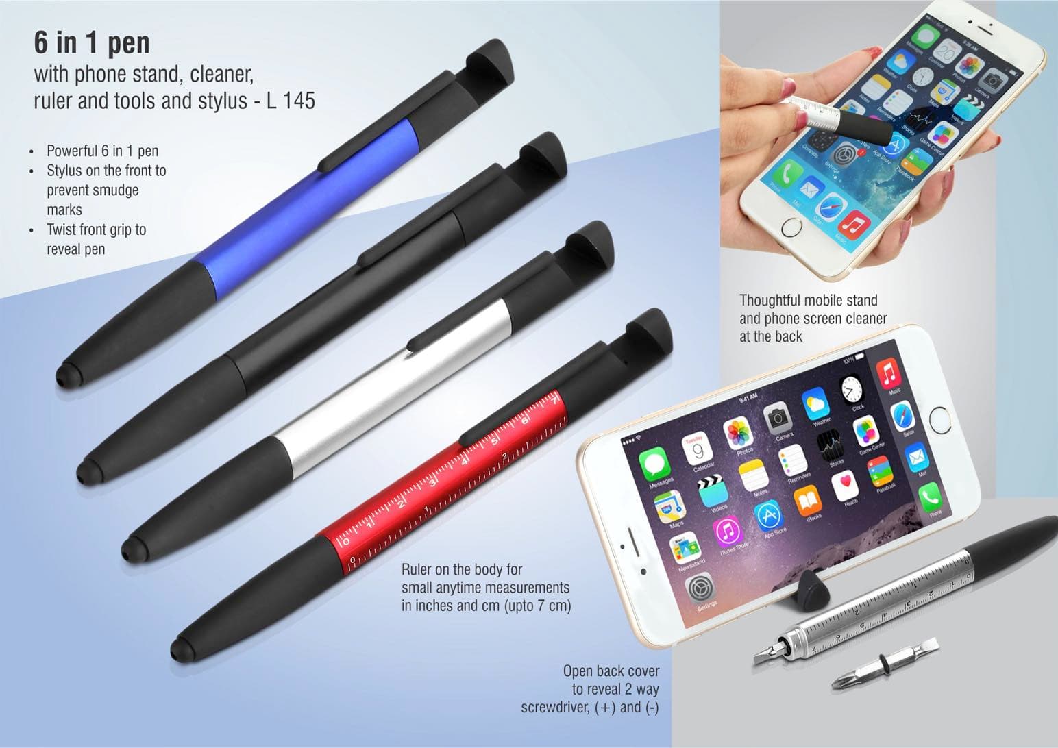 6 in 1 pen with phone stand, cleaner, ruler, tools and stylus
