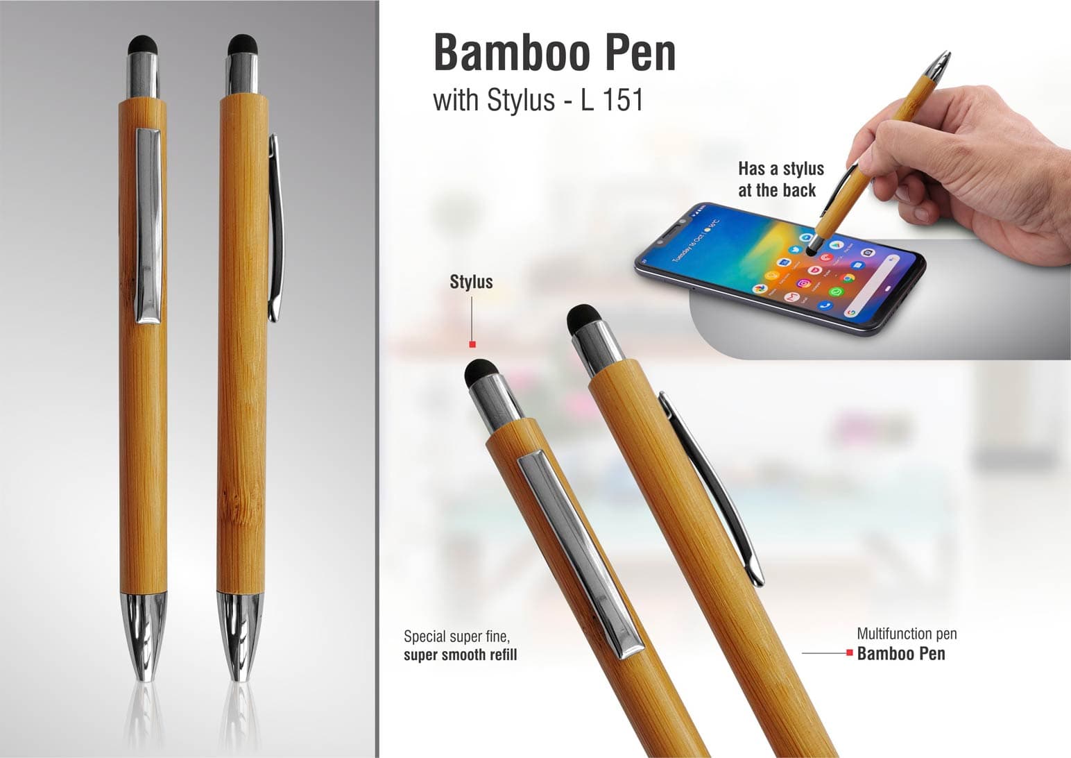 Bamboo Pen with Stylus - Chrome parts