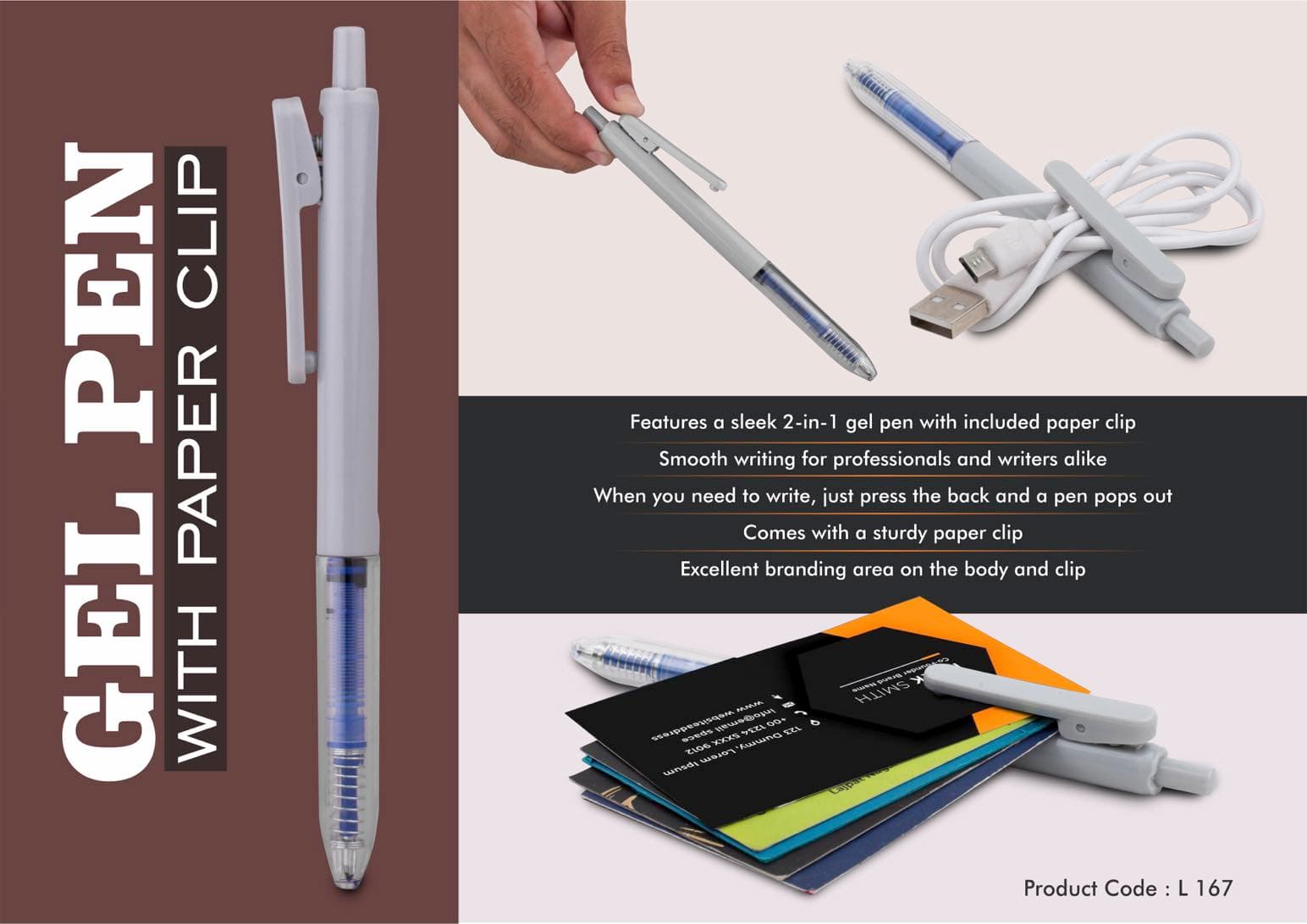 Gel pen with paper clip