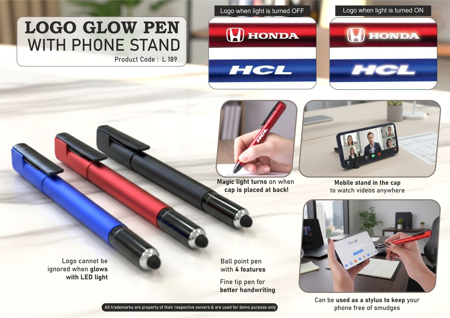 Logo glow pen with phone stand
