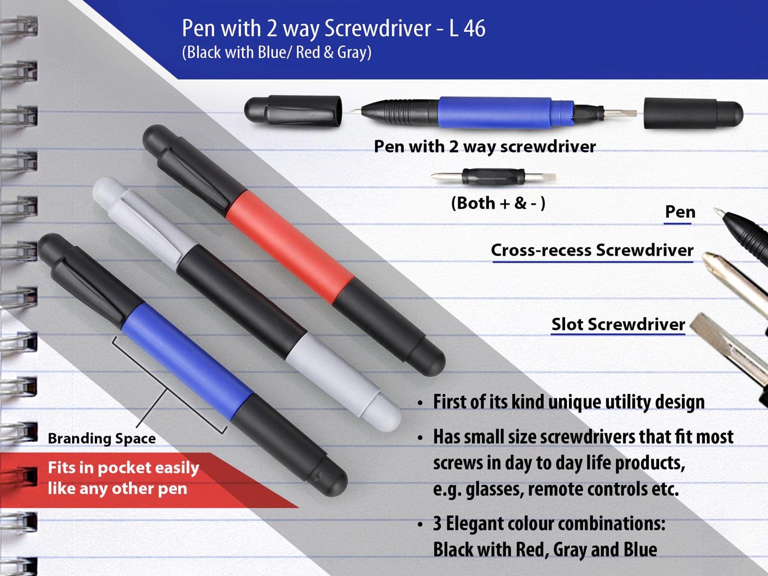Pen with 2 way screwdriver