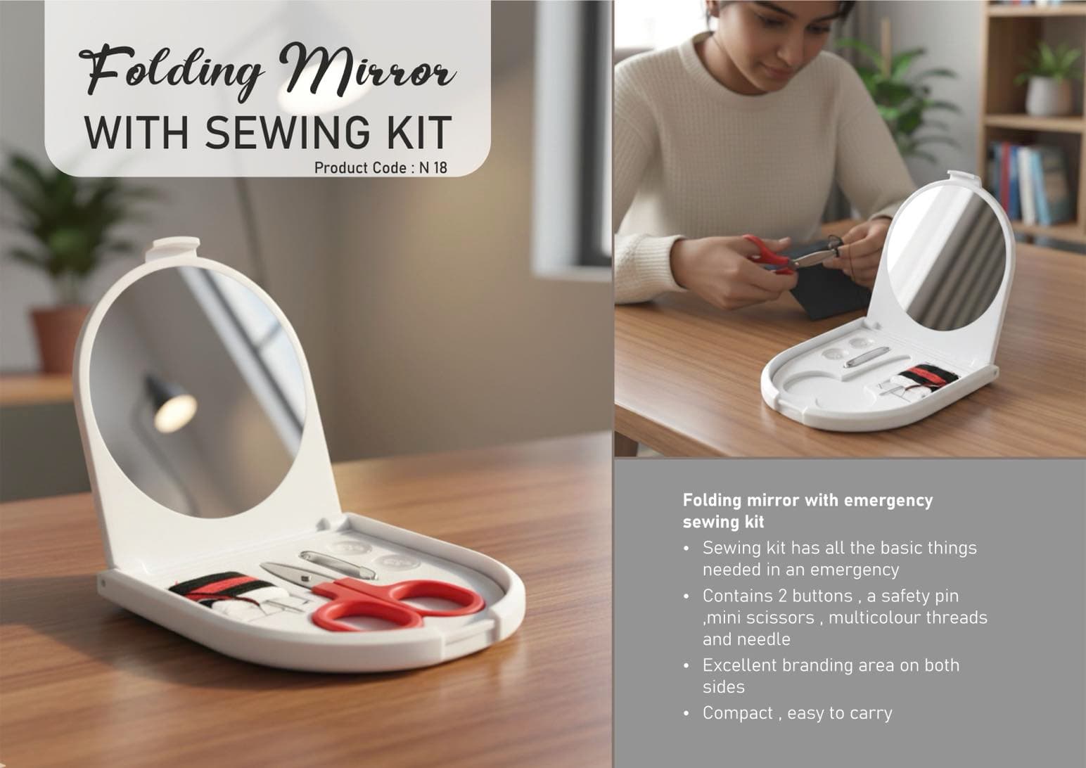 Folding mirror with sewing kit