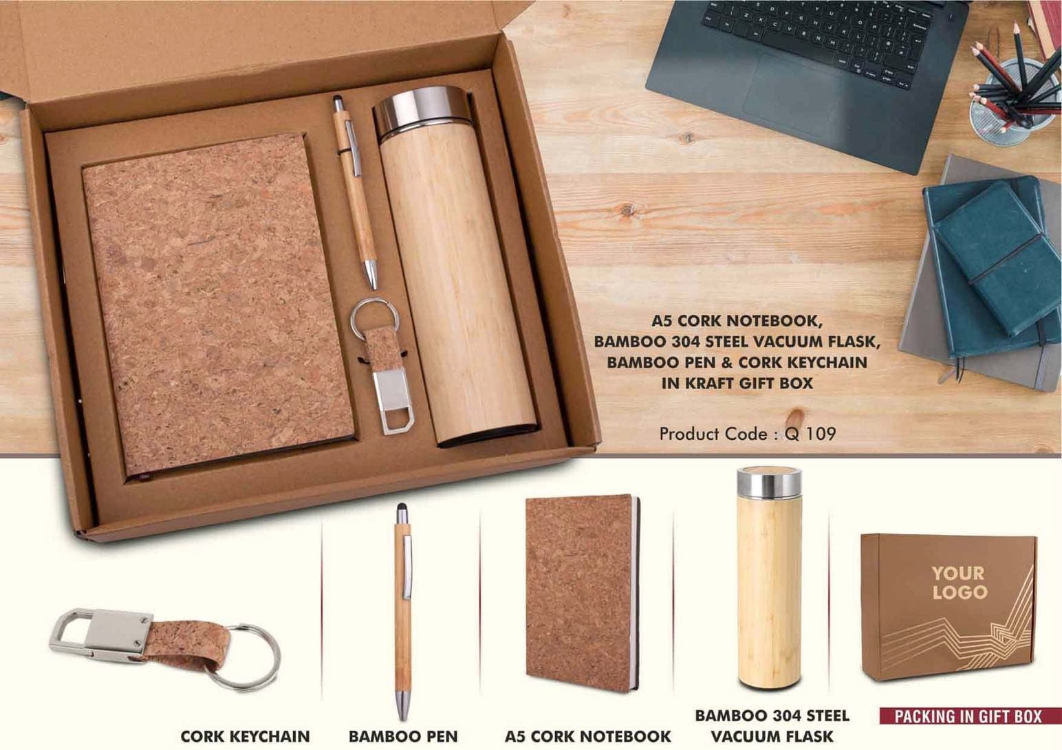 EcoSet 3: Set of A5 Cork notebook, Bamboo 304 Steel Vacuum Flask, Bamboo Pen & Cork Keychain in Kraft Gift Box