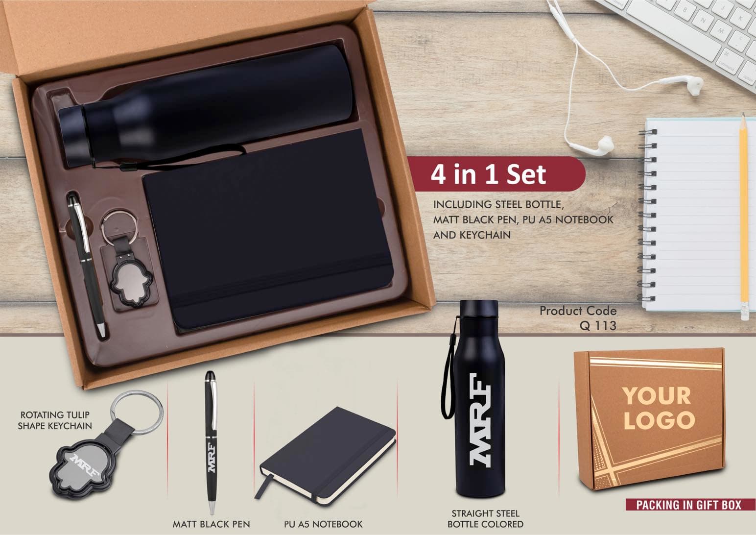 4 in 1 Black set: Tulip shape Keychain, SS Bottle, Metal Pen and A5 PU notebook in Kraft Gift Box