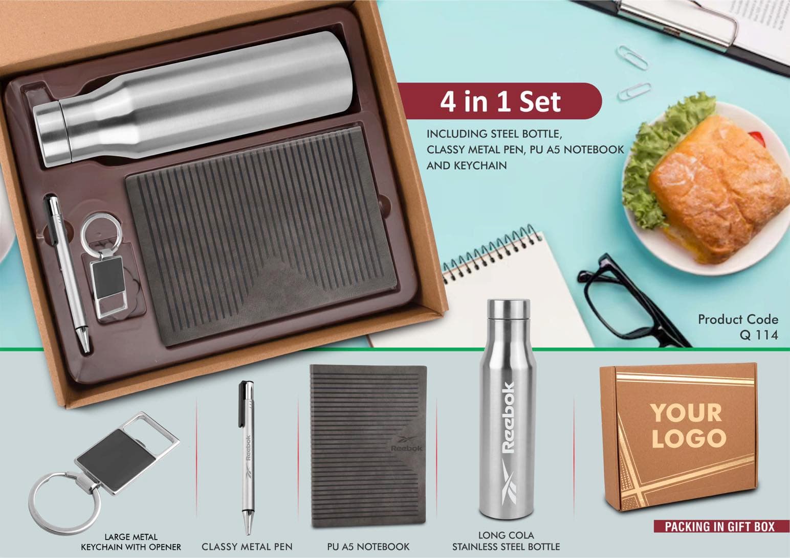 4 in 1 Gray set: Metal keychain, SS bottle, Metal Pen and A5 PU notebook in Kraft Gift Box