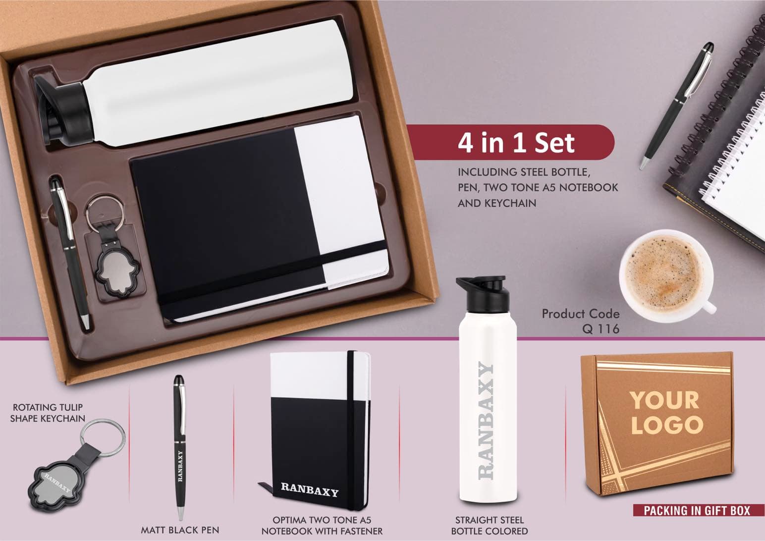 4 in 1 Dual Tone set: Tulip shape Keychain, SS colored bottle, Metal Pen and A5 PU notebook in Kraft Gift Box