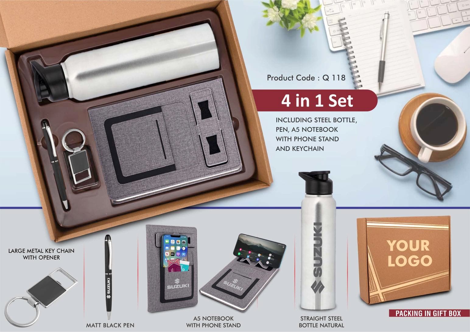 4 in 1 Gray set: Metal Keychain, SS natural bottle, Metal Pen and 4 in 1 notebook in Kraft Gift Box