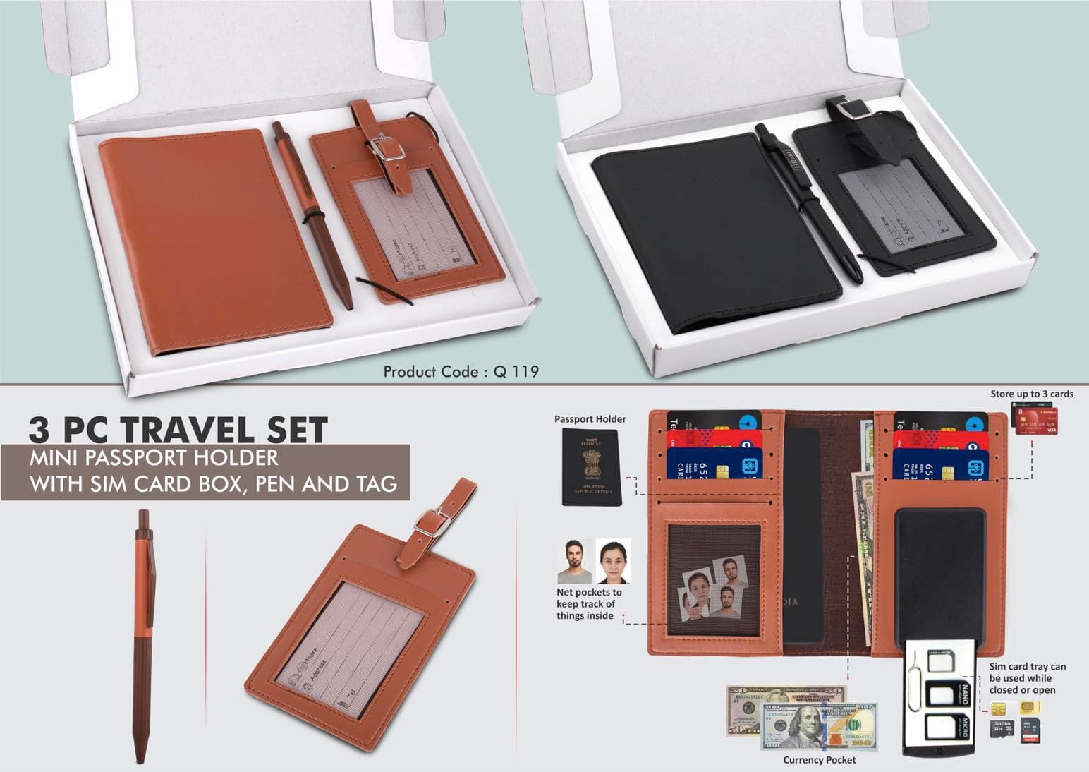 3 pc Travel set: Mini Passport holder with Sim card box, Luggage tag & Metal Pen in Gift box