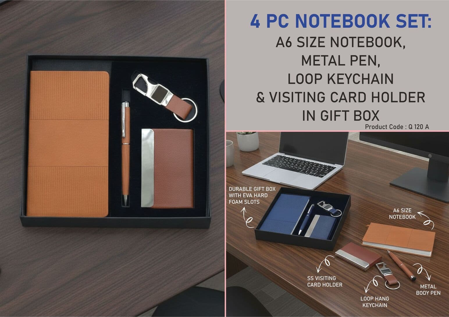 4 pc Notebook Set: A6 size notebook, Metal Pen, Loop Keychain & Visiting card holder in Gift box