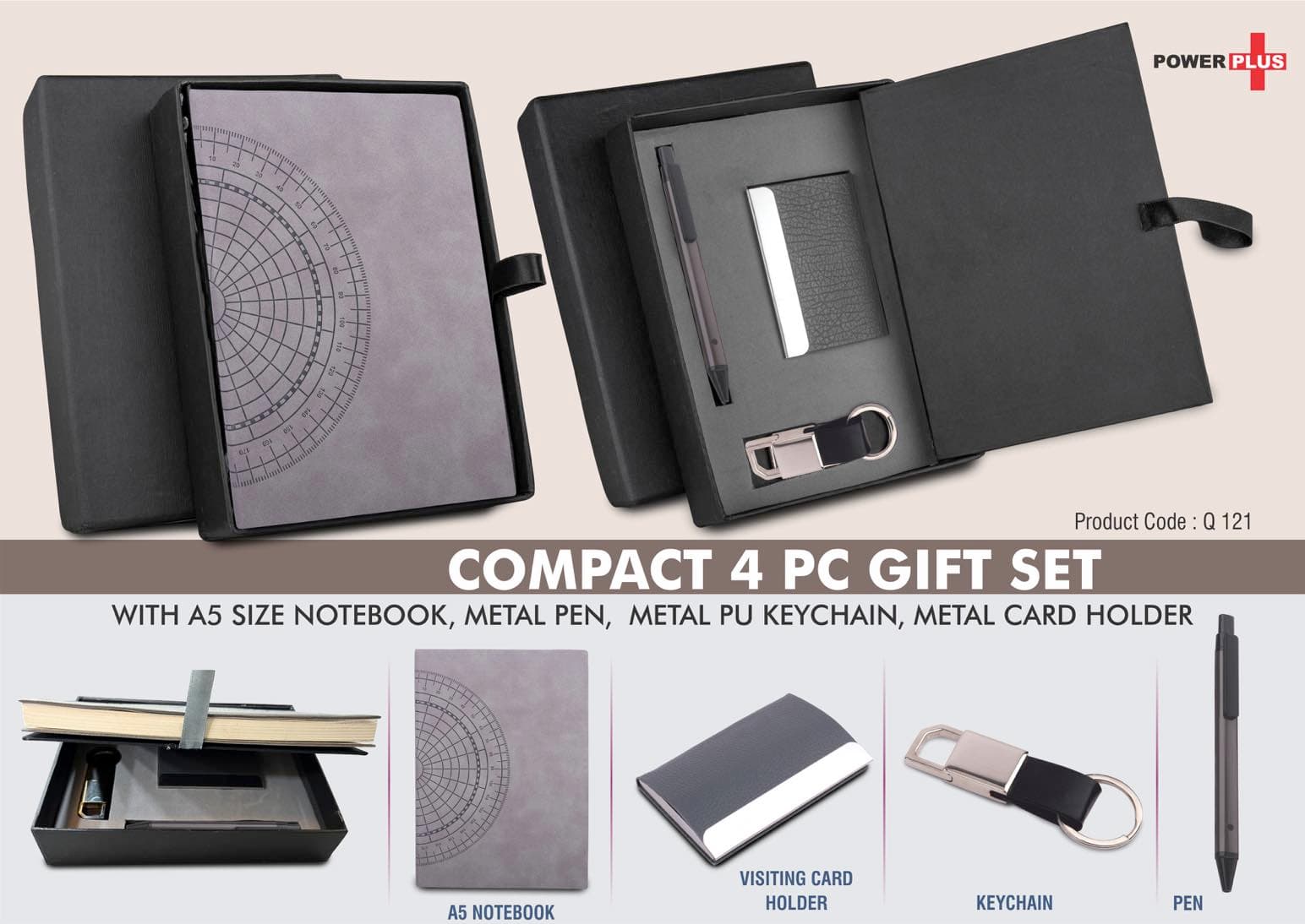 Compact 4 pc Gray gift set: A5 size Notebook, Metal pen, Metal PU Keychain, Metal Card holder