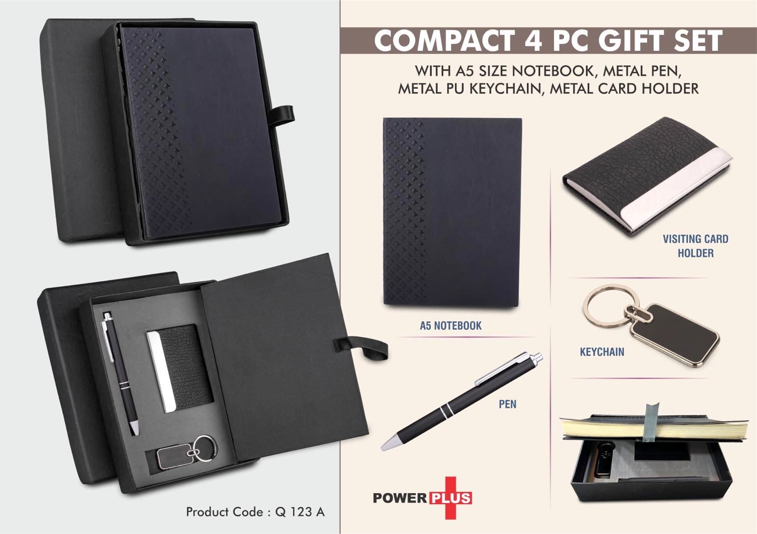 Compact 4 pc Black gift set: A5 size Notebook, Metal pen, Metal PU Keychain, Metal Card holder