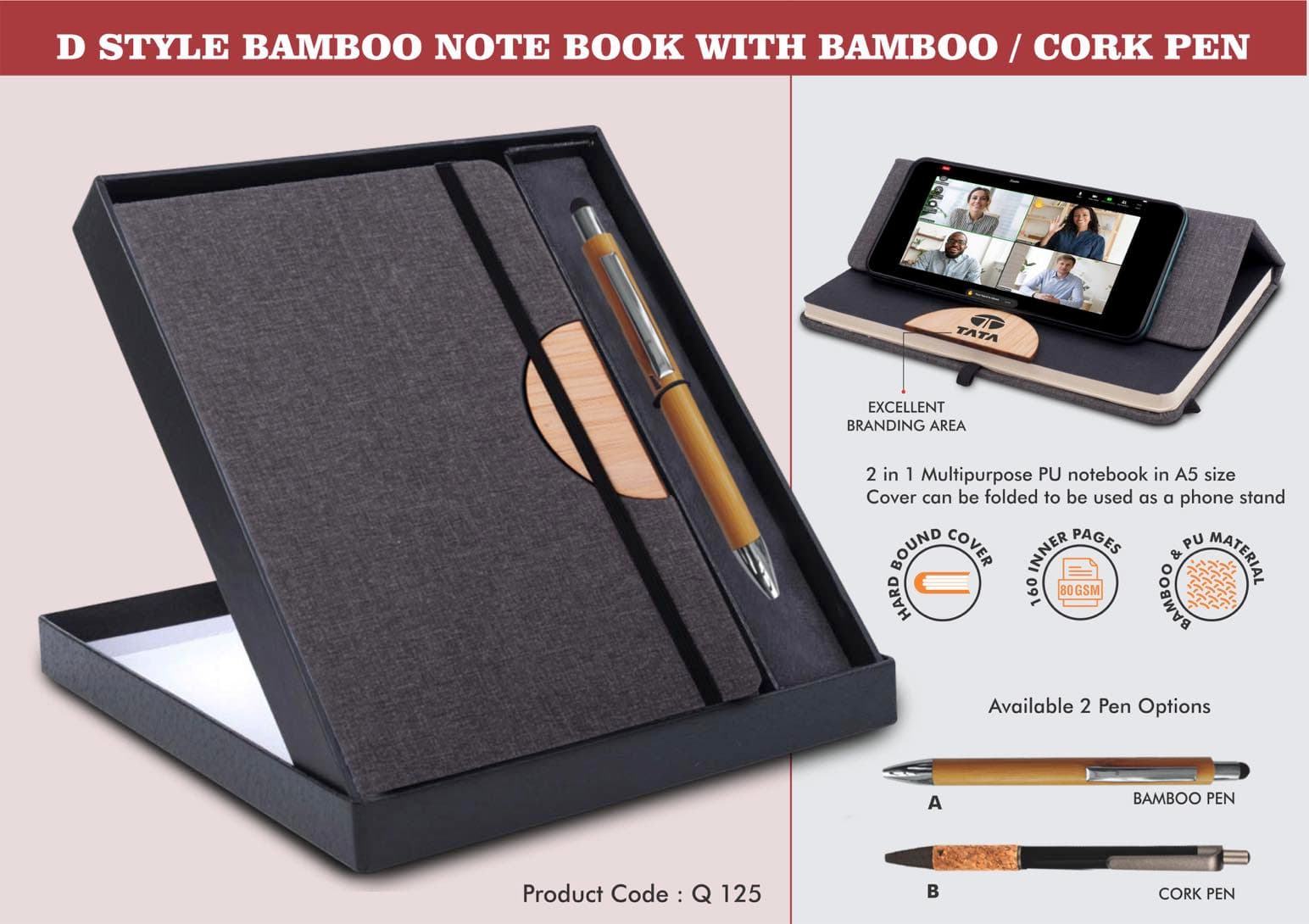 Notebook Gift set Eco: D Style Bamboo Note Book With Bamboo / Cork Pen