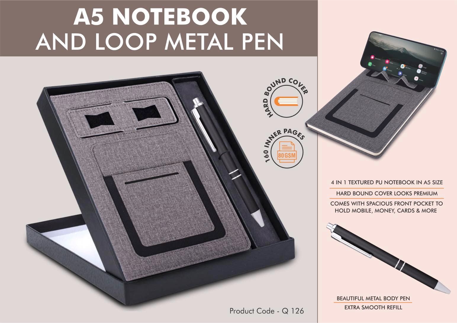 Gray Notebook Gift set: Multifunction Notebook With Classy Metal Pen