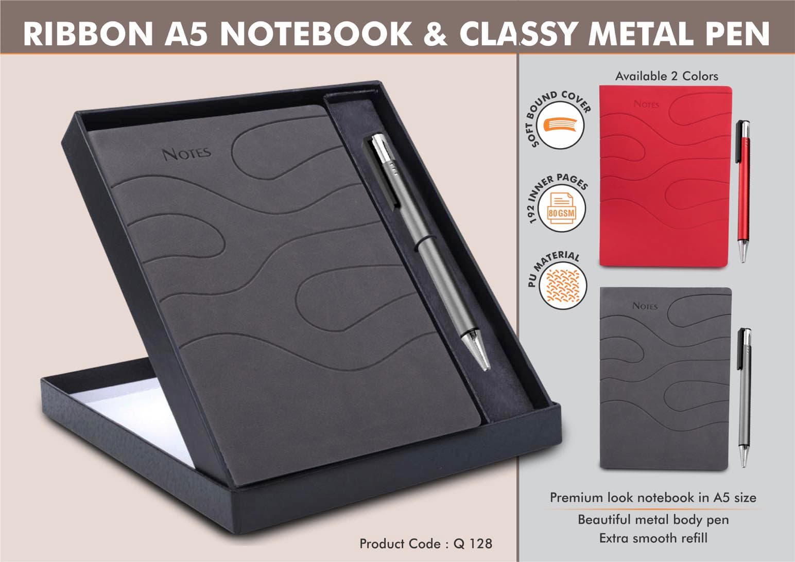 Ribbon Notebook Gift set: A5 Ribbon Notebook With Classy Metal Pen