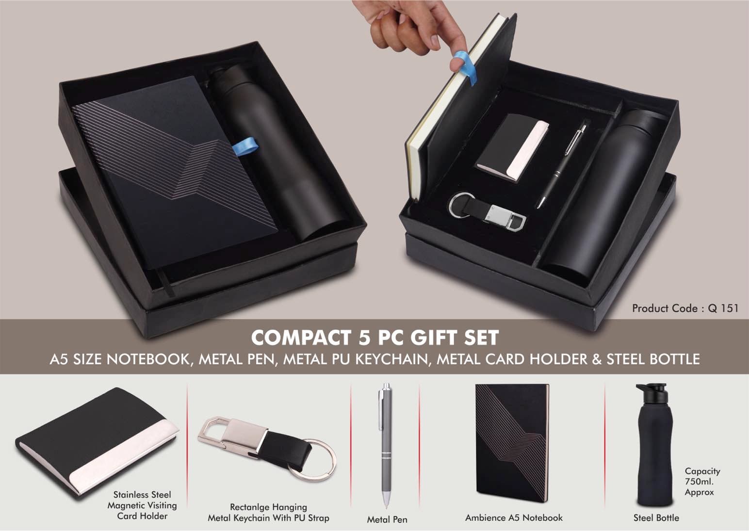 Compact 5 Pc Black Gift Set: A5 Size Notebook, Metal Pen, Metal Pu Keychain, Metal Card Holder & Straight Steel Bottle