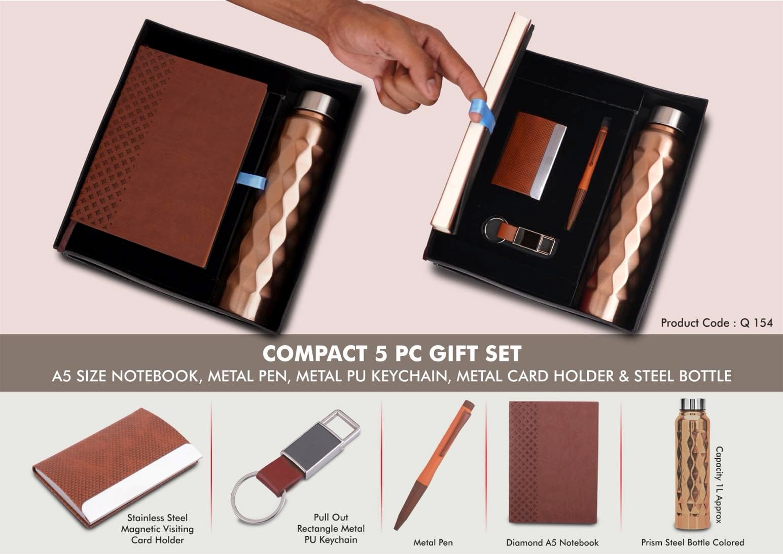 Compact 5 Pc Tan Gift Set: A5 Size Notebook, Metal Pen, Metal Pu Keychain, Metal Card Holder & Prism Steel Bottle