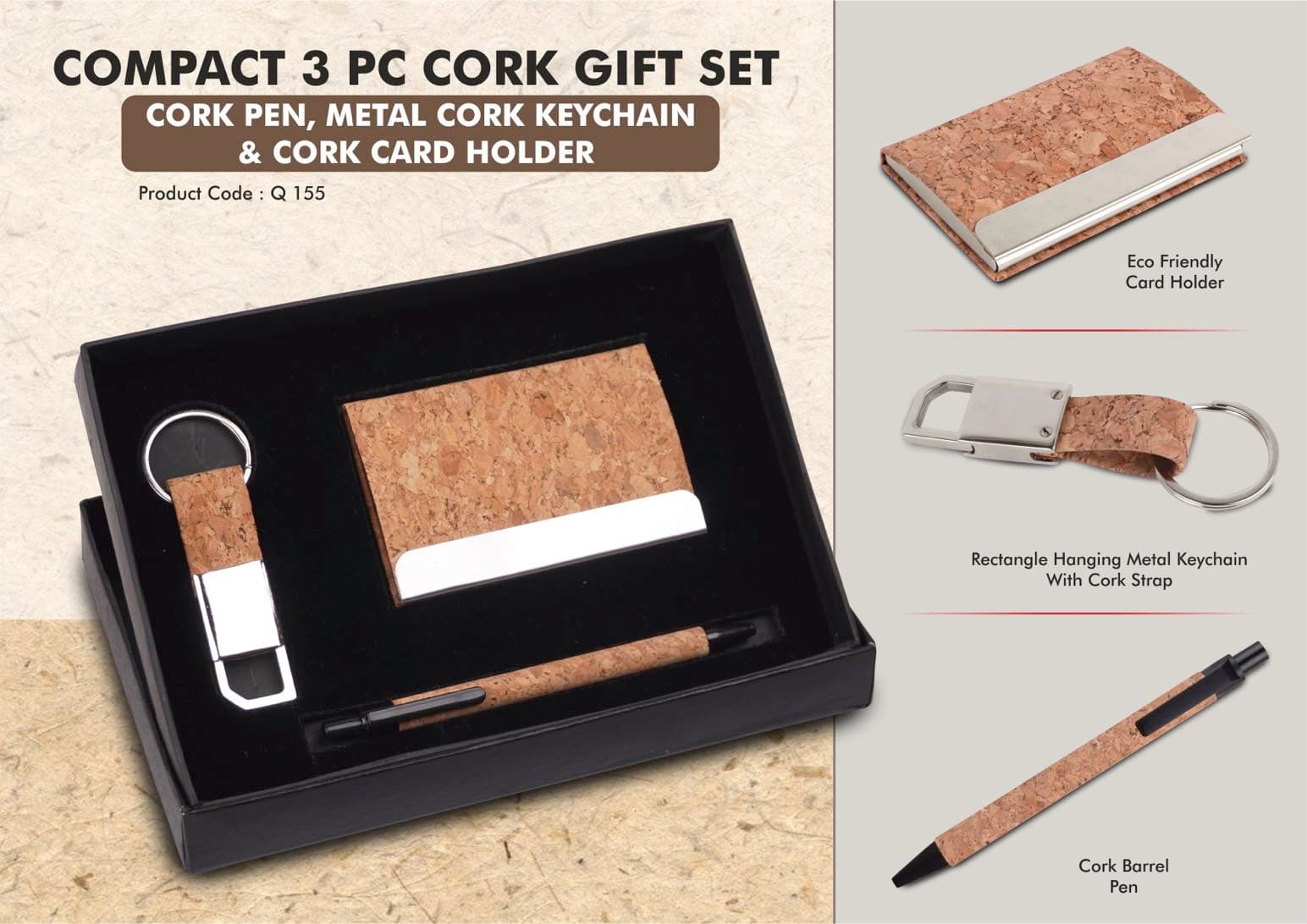 Compact 3 Pc Cork Gift Set: Cork Pen, Metal Cork Keychain & Cork Card Holder