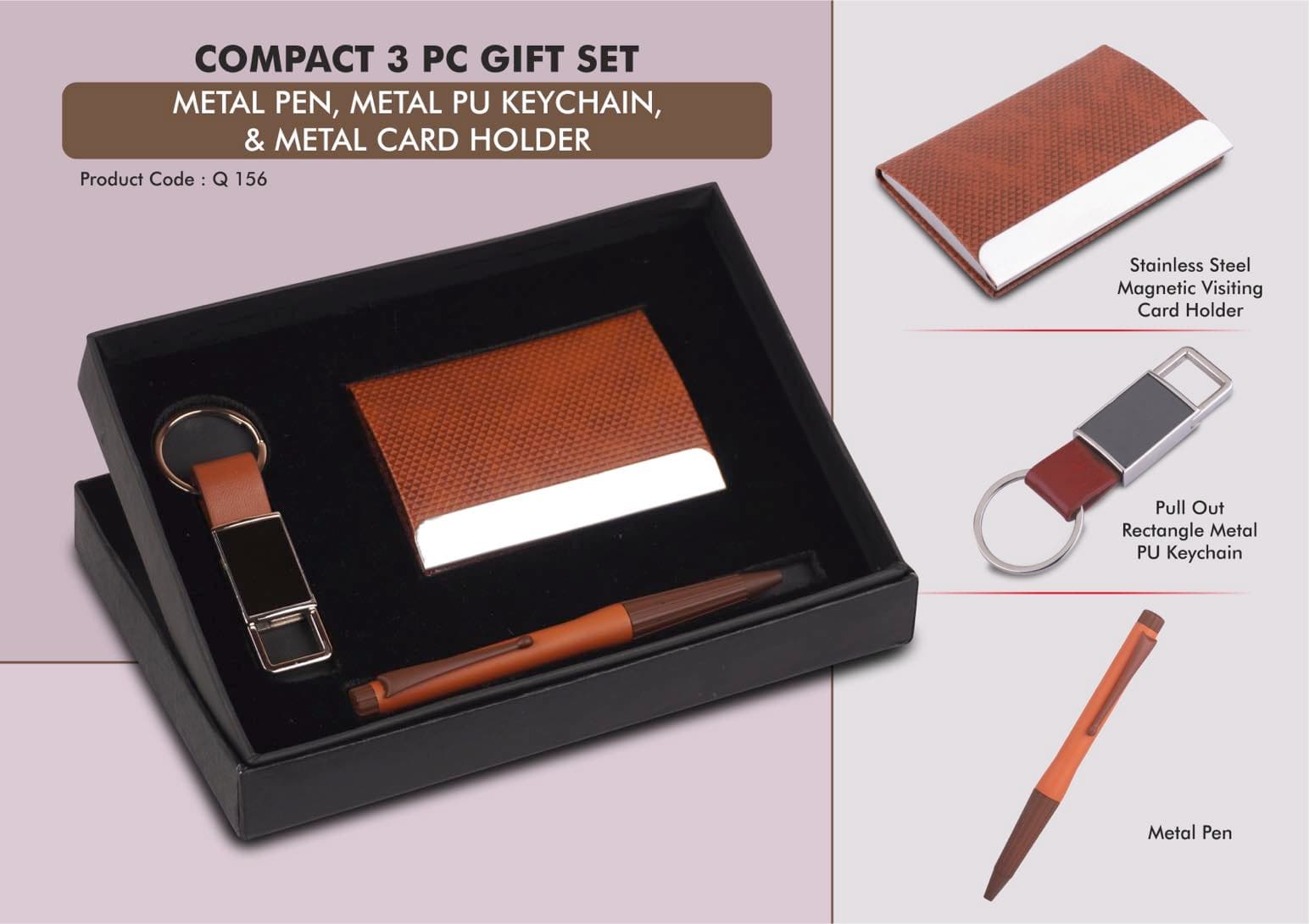 Compact 3 Pc Tan Gift Set: Metal Pen, Metal PU Keychain, & Metal Card Holder