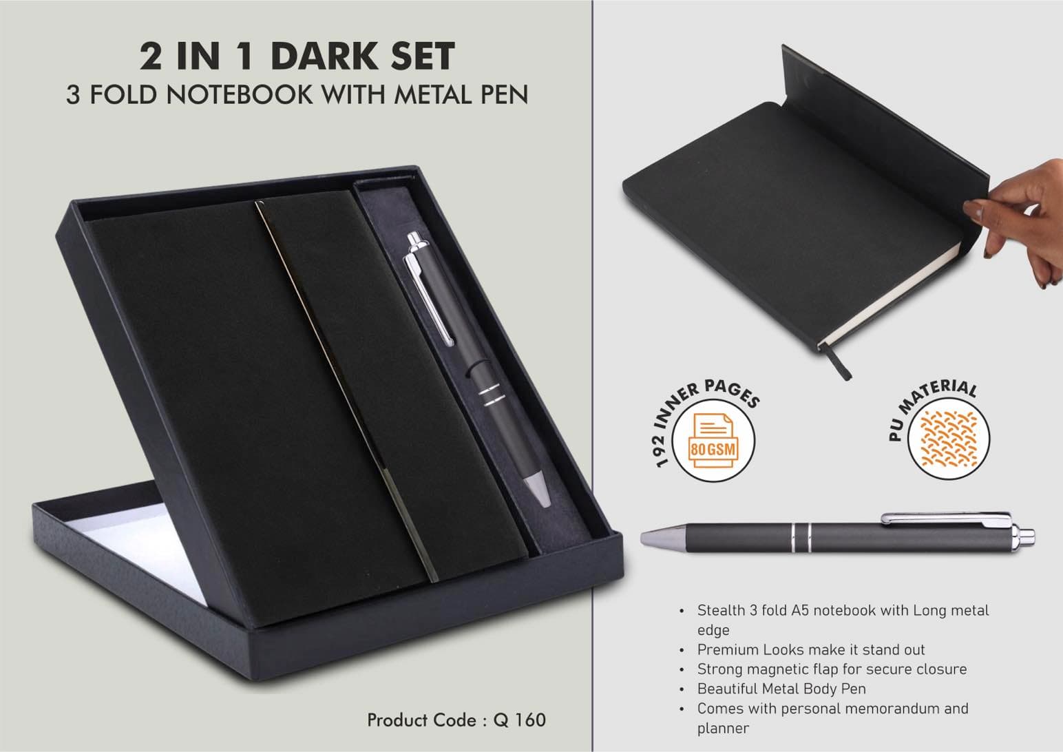 2 in 1 Dark Set: 3 fold Notebook with Metal Pen