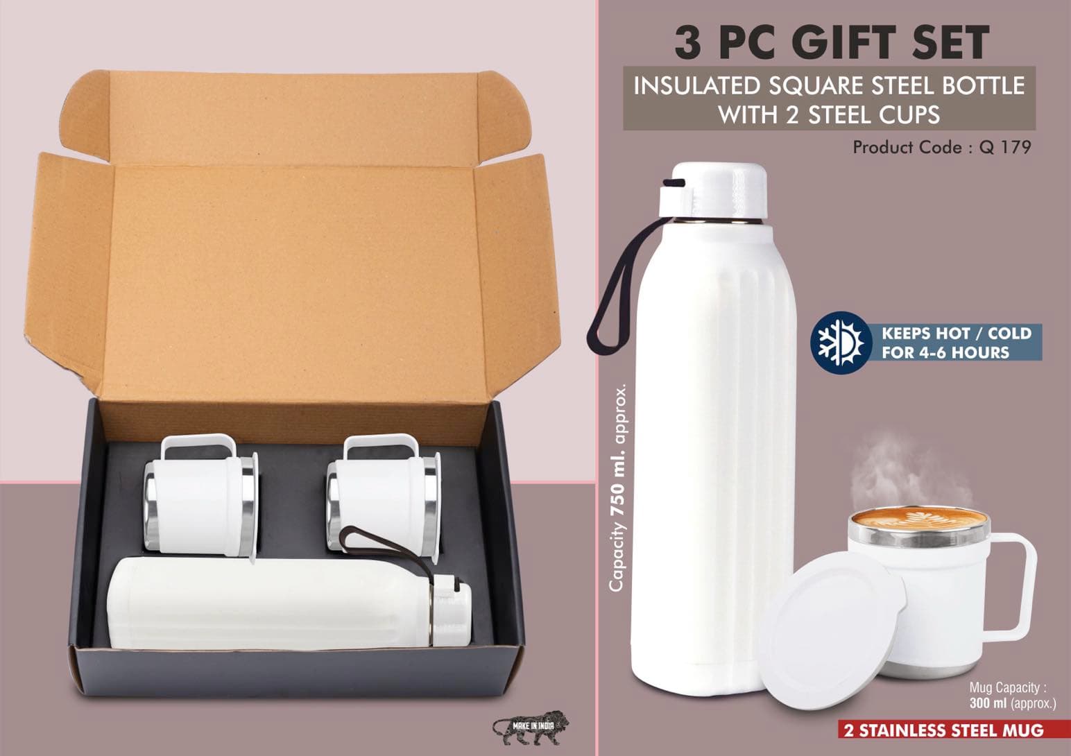 3 pc Gift Set : Insulated Hexa Steel bottle with 2 Steel cups